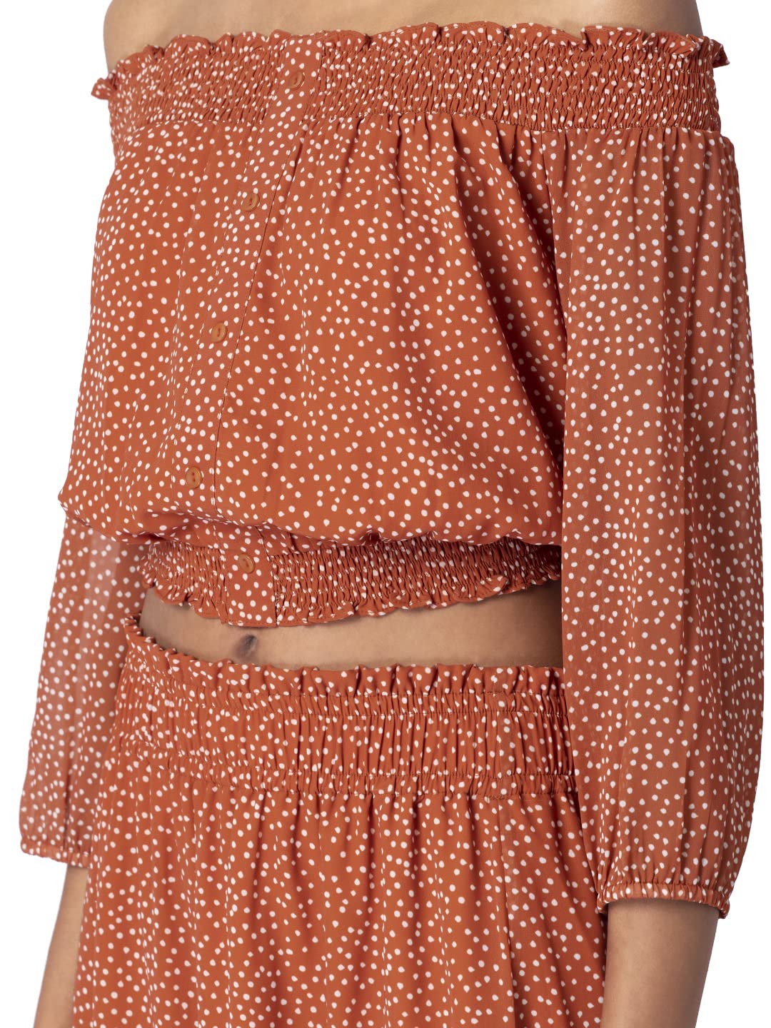 FabAlley Georgette Rust Polka Smocked Midi Skirt and Bardot Top Set