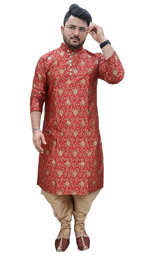 Over Crowd Men New Look Gold Plant Jacquard Kurta & Salwar Set (Maroon & Gold);Size:42
