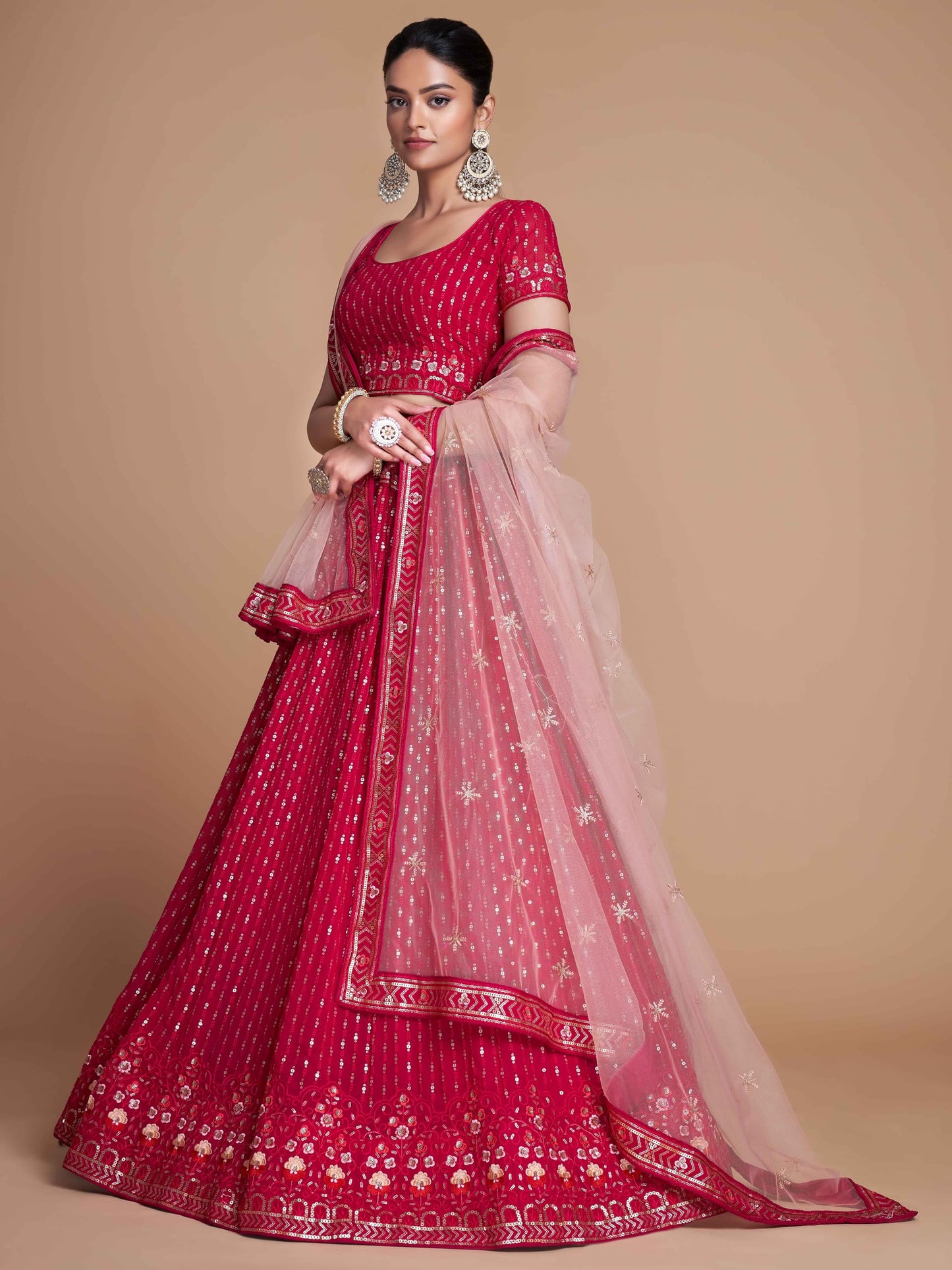 Zeel Clothing Women Sequins Thread Embroidered Georgette Semi-Stitched Lehenga Choli With Dupatta (6021-Pink-Wedding-Stylish-Latest; Free Size)