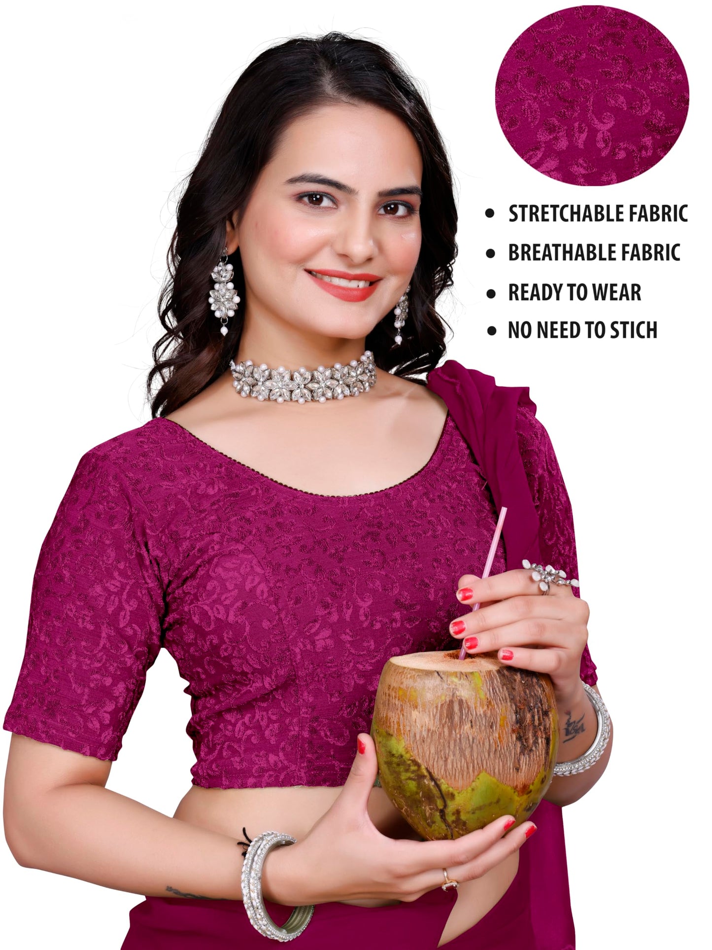 Kipzy Women's Stretchable Blouse with Round Neck & Half Sleeves | Soft Comfortable Fabric | Perfect, Saree, Lehenga, Skirt | Ready to Wear Ethnic Top for Women & Girls (Rani, 44)