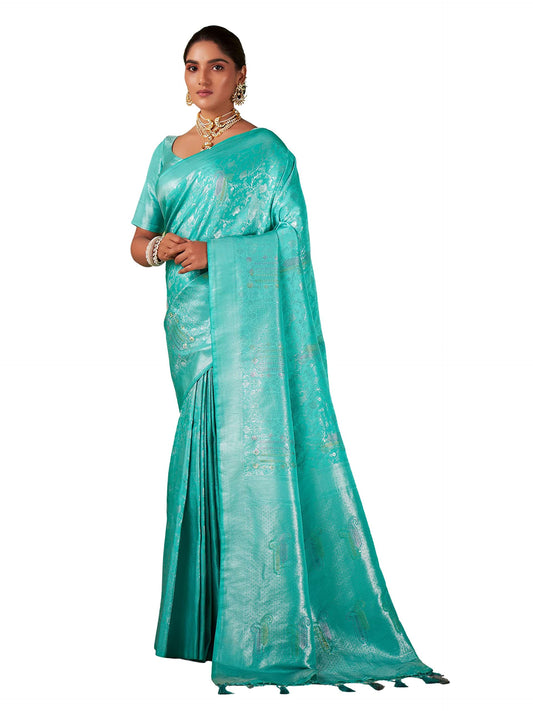 Vardha Women's Kanchipuram Art Silk Saree with Unstitched Blouse Piece - Silver Zari Woven Work Sarees for Wedding (Aksha_543)