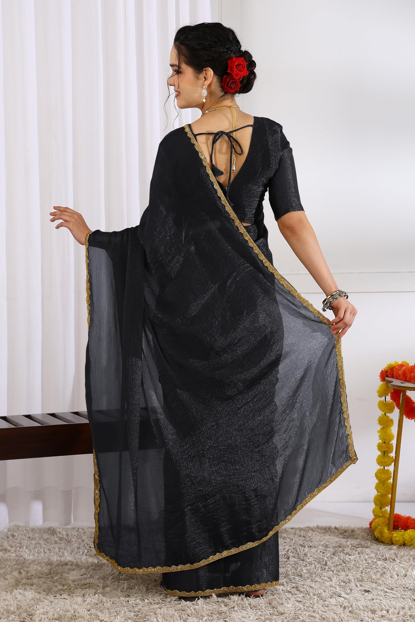 Subham Women's Silk Blend Hand Work Embellished Saree with Blouse Piece (60434 - Black)