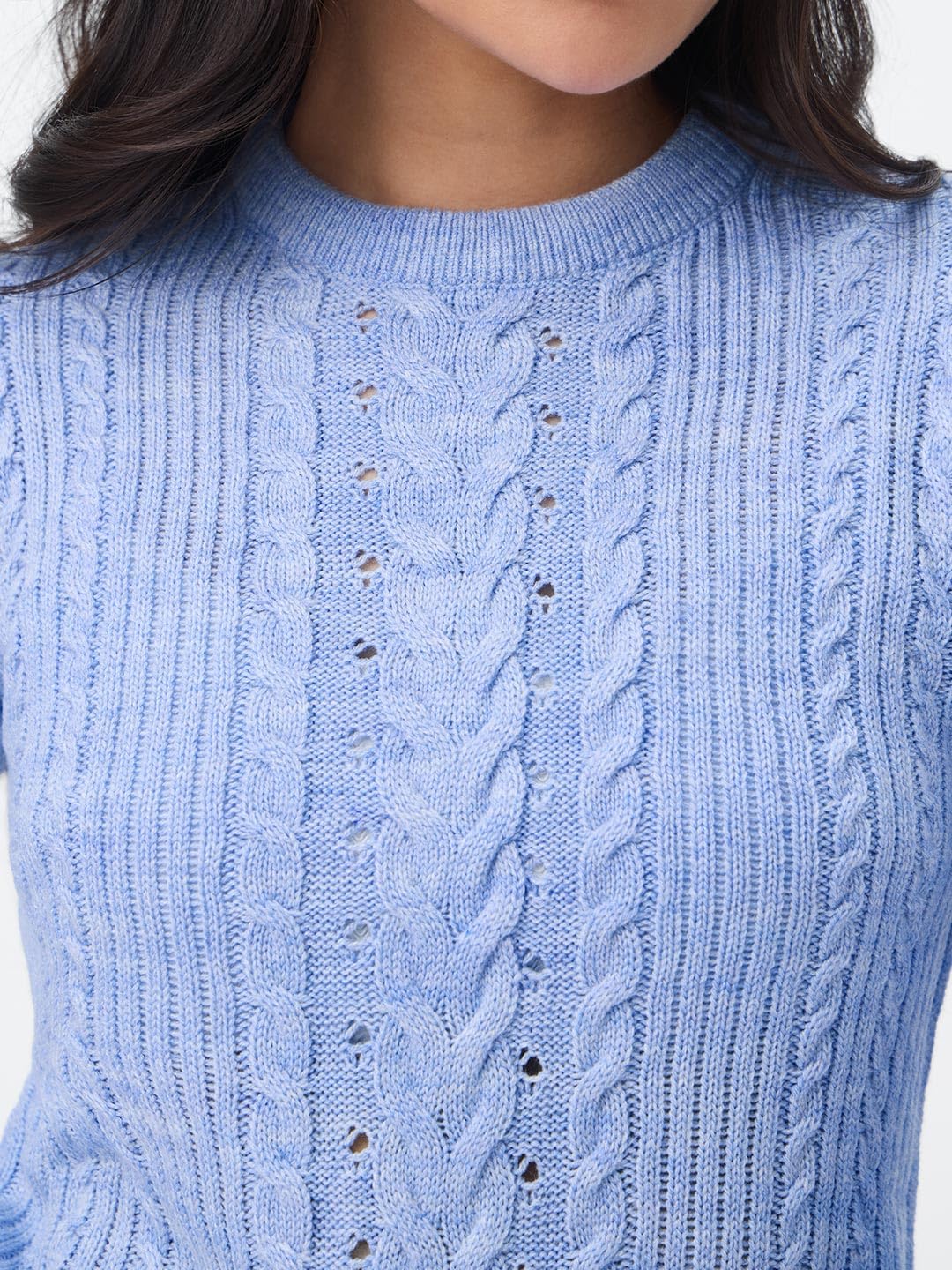 The Souled Store Cable-Knit Sweater: Periwinkle Women and Girls Full Sleeves Round Neck Light Blue Knitted Acrylic Regular Fit Ribbed Casual Lightweight Pullover Sweater