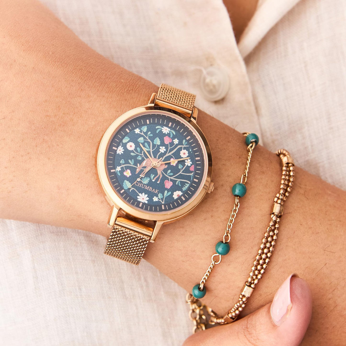 Chumbak Hangul Leather Strap Watch & Bracelet Set for Women – Stylish Analog Combo Watch for Girls – Kashmiri Art-Inspired Gift Accessory, Kashmir Trails Collections