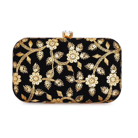 TOOBA Womens Handicraft Velvet Floral Embroidered Clutch (Black)