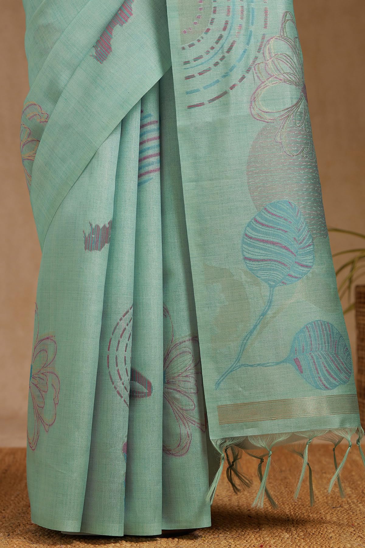 Soch Womens Turquoise Blue Tussar Woven Design Saree With Zari Woven