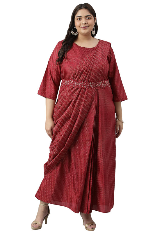 W for Woman Plus Size Maroon Insta Saree Dress with Embroidered Belt_22AUW18050G-119684_4XL