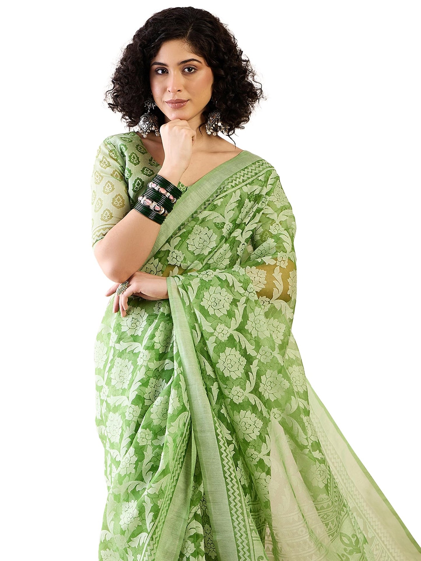 SAREE MALL Women's Green Brasso Floral Printed Ready To Wear one Minute Saree With Unstitched Blouse (RTWMSKR01E_HS)