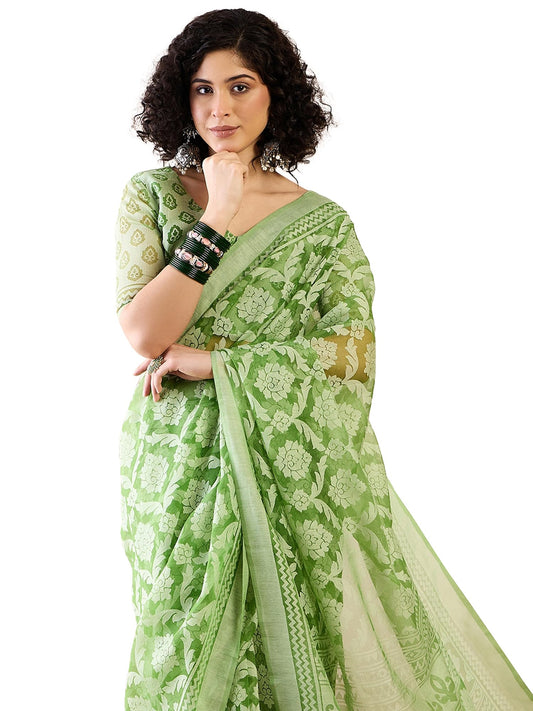 SAREE MALL Women's Green Brasso Floral Printed Ready To Wear one Minute Saree With Unstitched Blouse (RTWMSKR01E_HS)