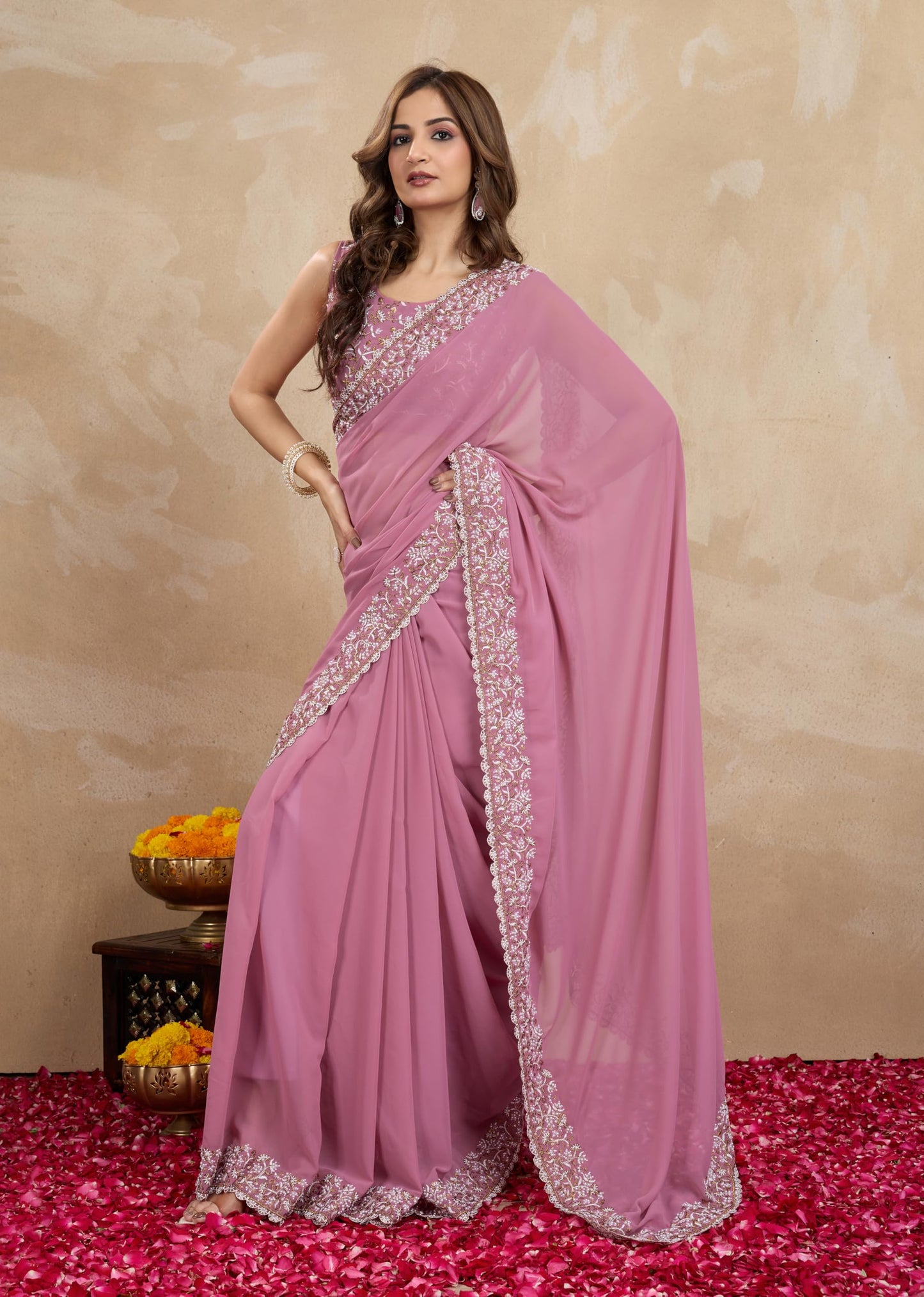 TRENDMALLS Women's Georgette Embroidery Sequin Work Saree with Unstitch Blouse Piece (K1001-Pink-)