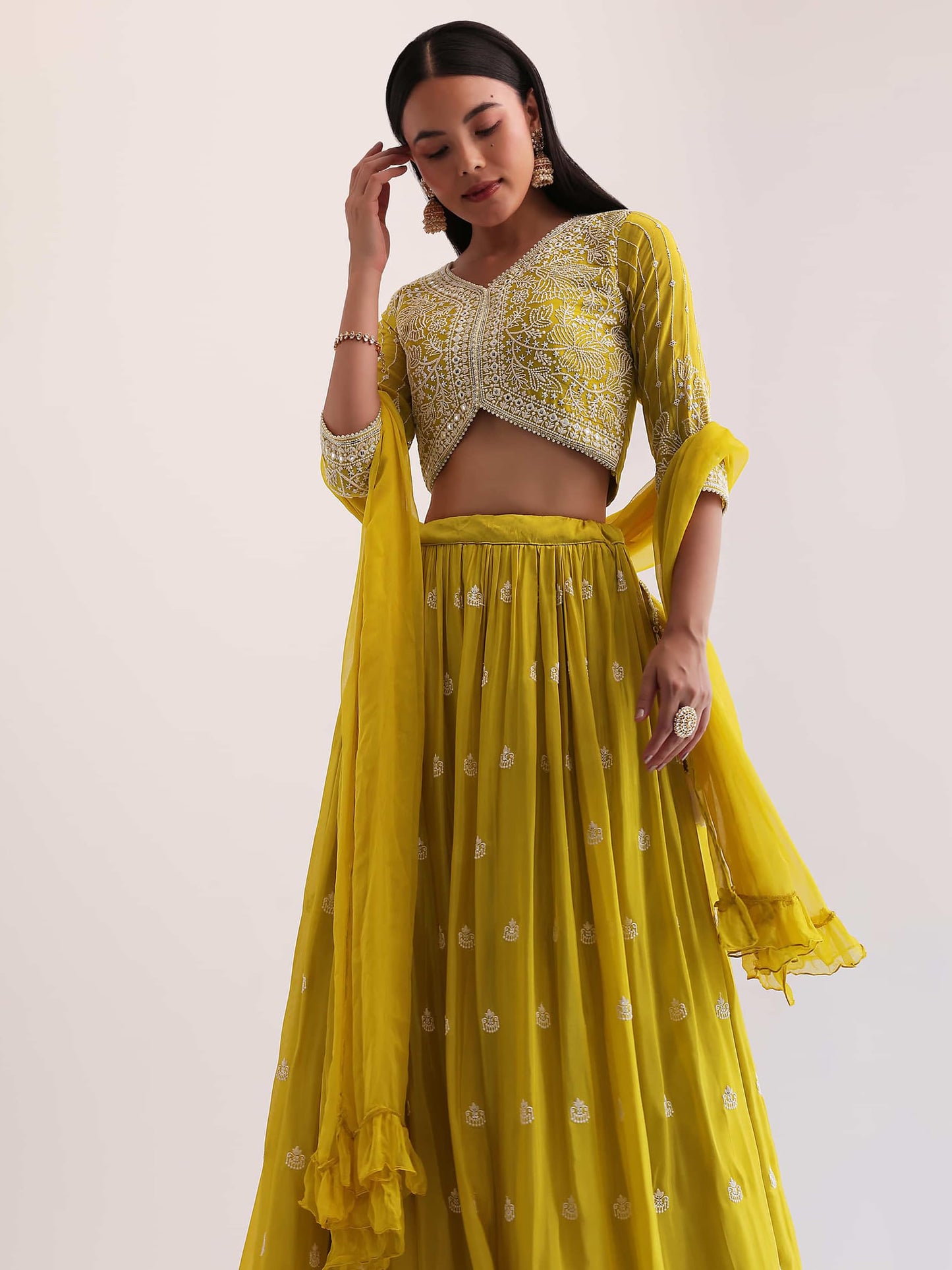 Zeel Clothing Women's Sequins Thread Embroidered Georgette Designer Semi Stitched Lehenga Choli With Dupatta (5127-Yellow-Womens-Lehenga-Choli-Latest; Free Size) (Yellow)