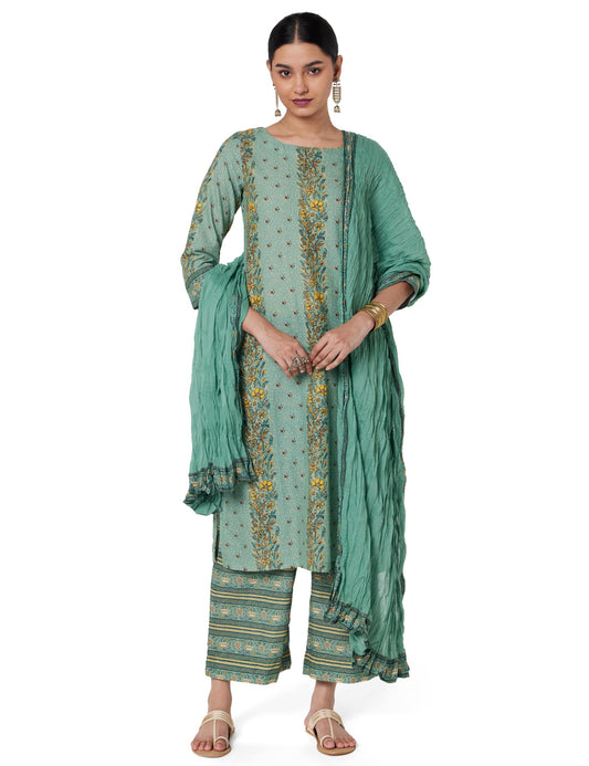 BIBA Women's Sage Green Printed Cotton Straight Suit Set_38