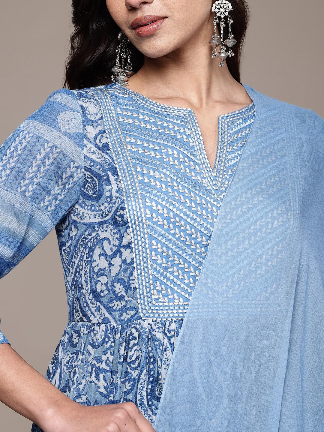 Aarke Ritu Kumar Blue Pashmina Round Neck Kurta With Pant And Dupatta