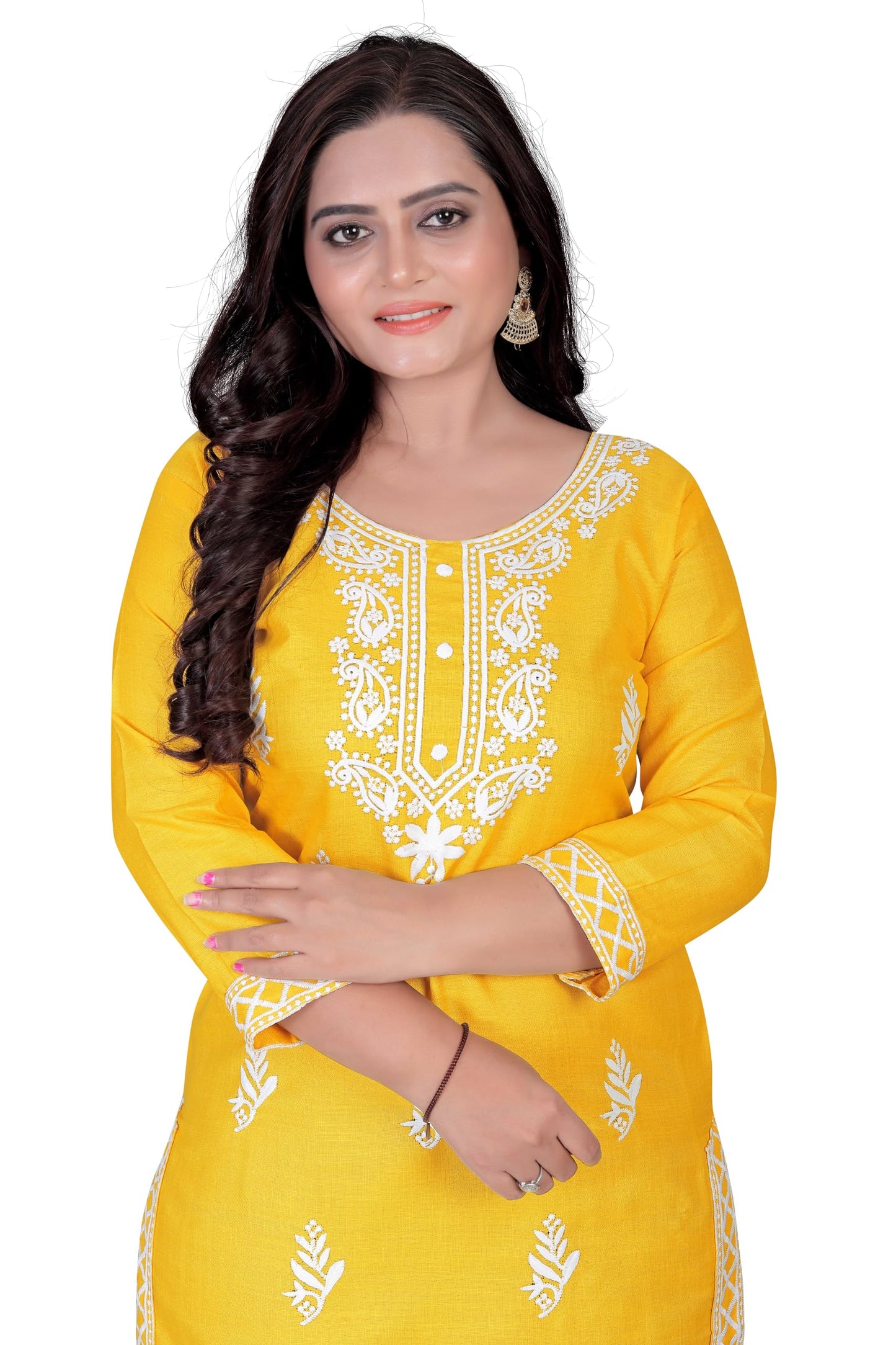 GLORY SILK Women's Rayon Blend A-line Chikankari Embroidered Kurta (Yellow - 5XL)