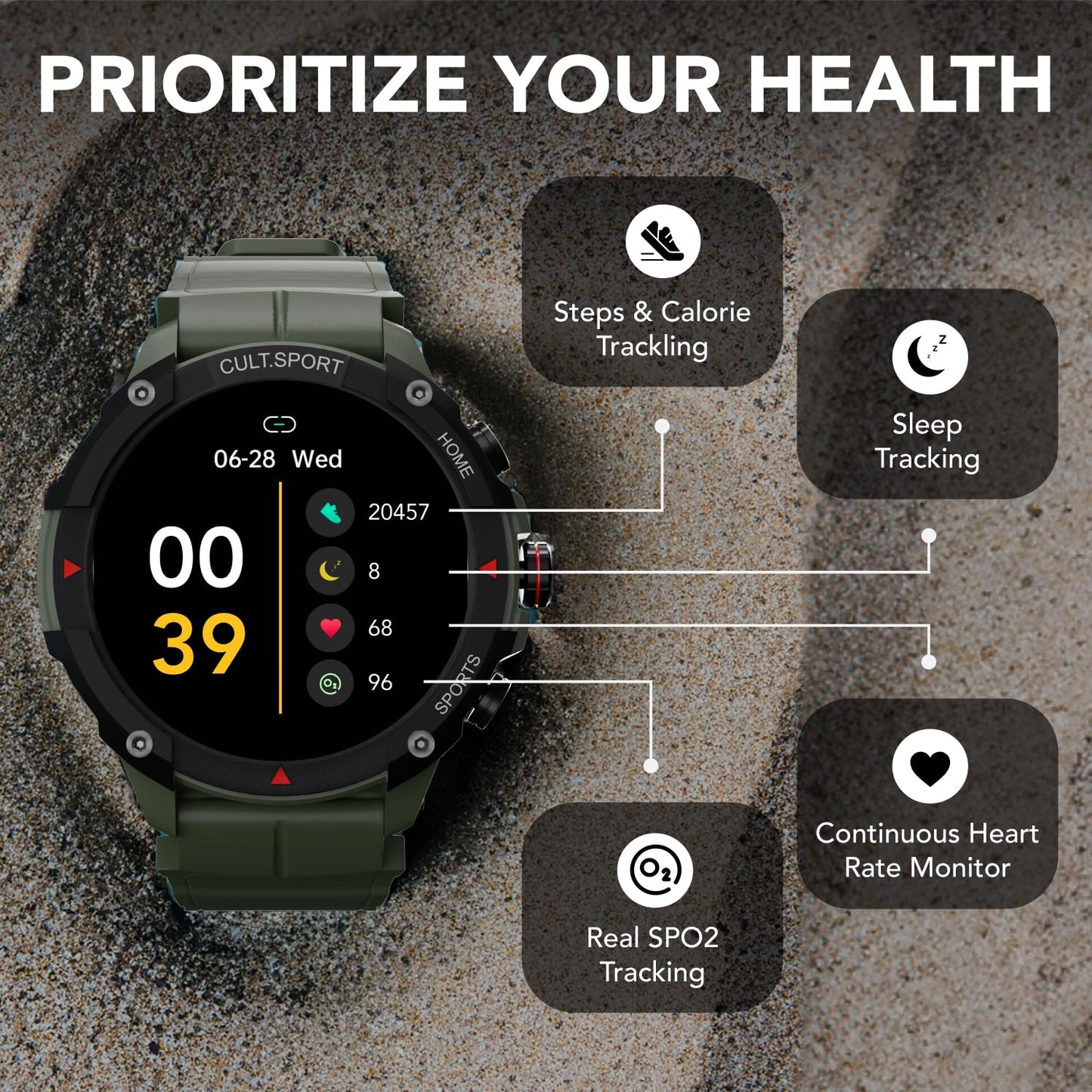 Cultsport (Refurbished) Ranger Xr 1.43" Amoled Smartwatch, Outdoor Rugged Smartwatch For Men, 850 Nits, Bluetooth Calling, 420Mah Battery, Sports Recognition, Health Tracking, Round Digital Watch