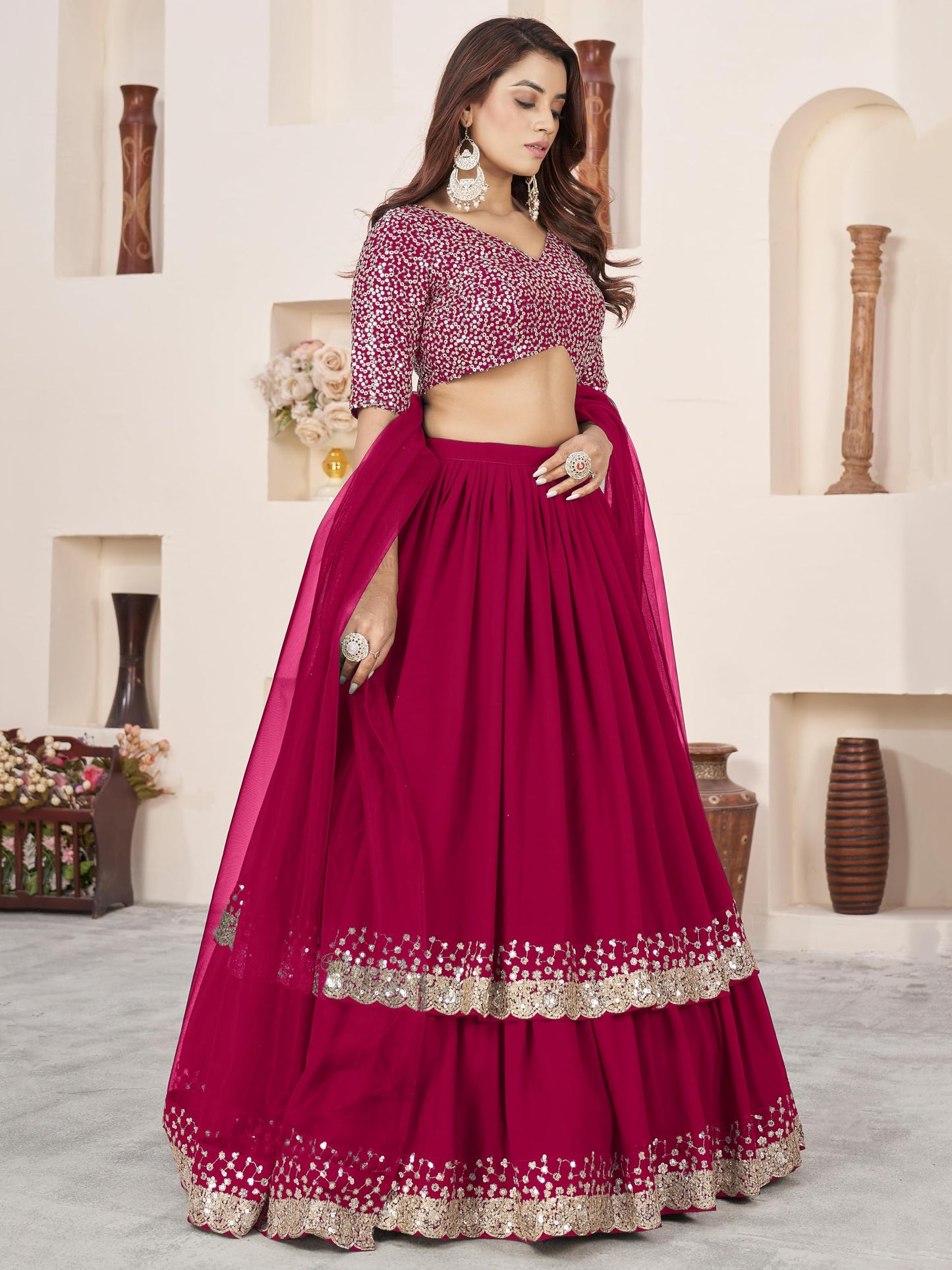 Zeel Clothing Women Georgette Semi-Stitched Sequins Embroidered New Lehenga Choli with Dupatta (5066-Pink- -Lehenga-Choli-Latest; Free Size) (Pink)