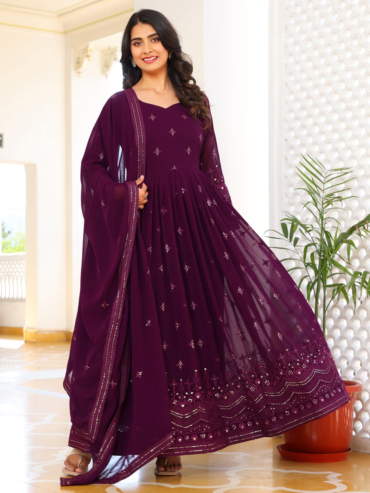 Fashion Basket Women's Georgette Anarkali Lond Dress with Duptta Purple