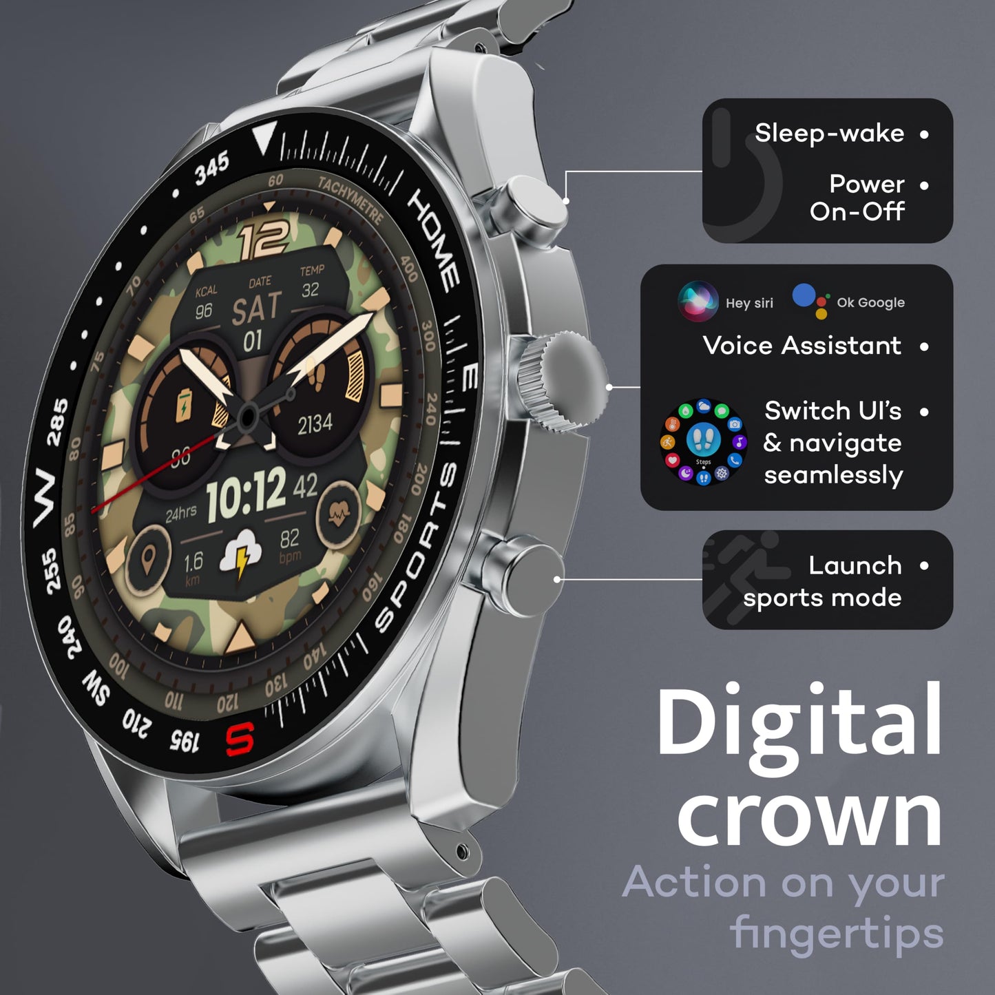 GOBOULT Mirage Smart Watch 1.39''HD Screen, Bluetooth Calling, IP67, Zinc Alloy Frame, 500 Nits Brightness, AI Voice Assistant, SpO2 Monitoring, 120+ Sports Mode (Inox Steel)