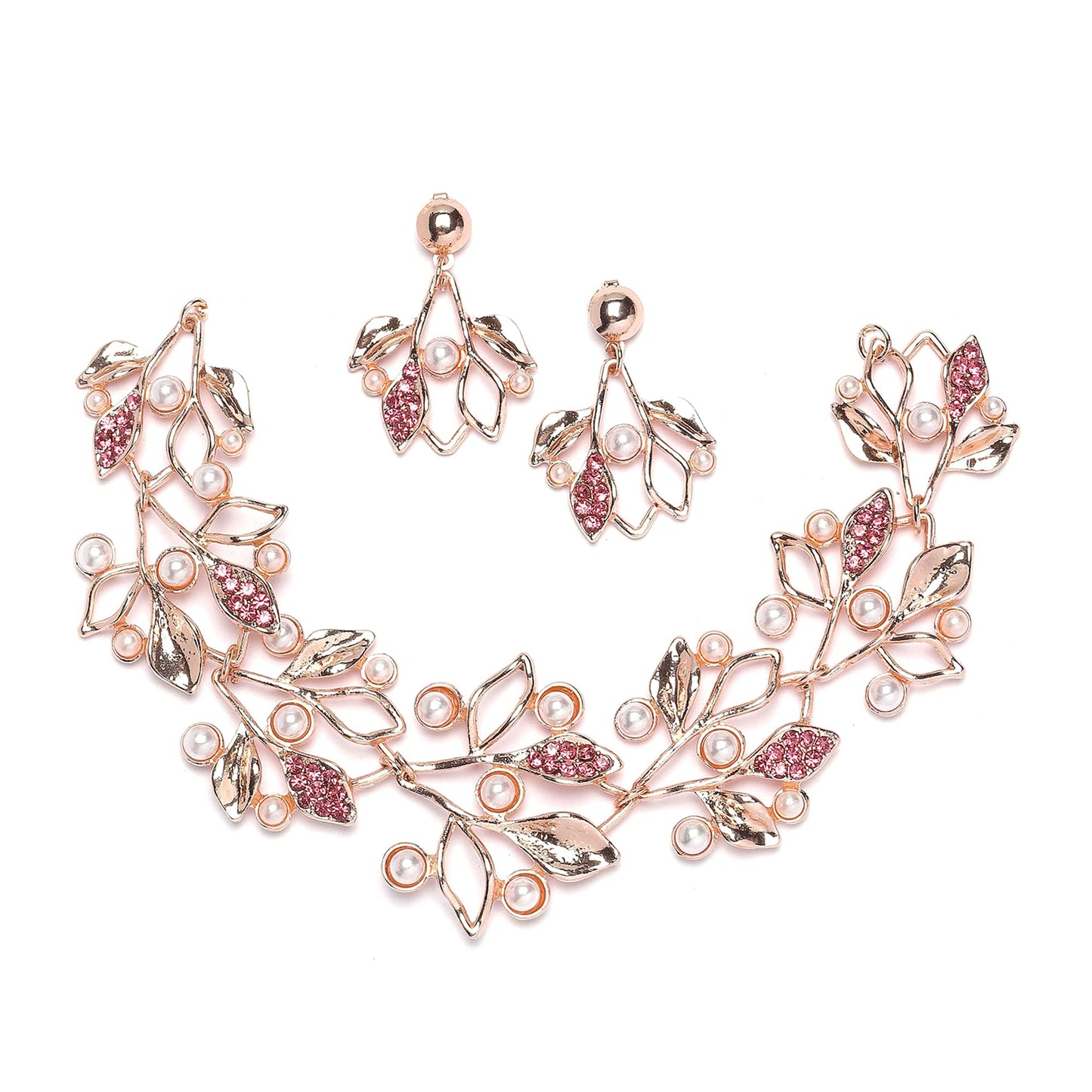 ZENEME Oxidised Silver-Plated Cubic Zirconia & White Pearls Studded Leaf Shaped Necklace With Earrings Jewellery Set For Girls and Women (Rose Gold pink)