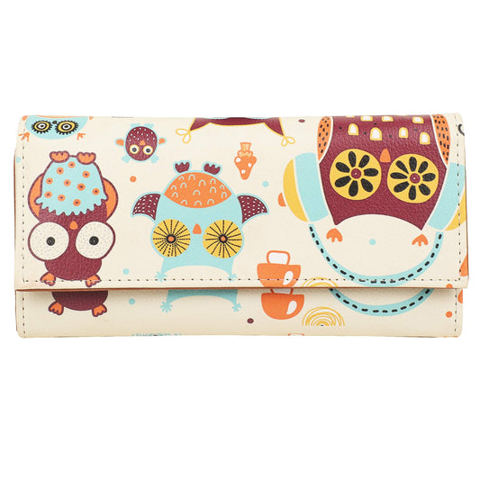 ShopMantra Wallet for Woman | Cute Owl Print Faux Leather Purse for Girls | Stylish Trifold Clutch with Card Slots & Coin Pocket