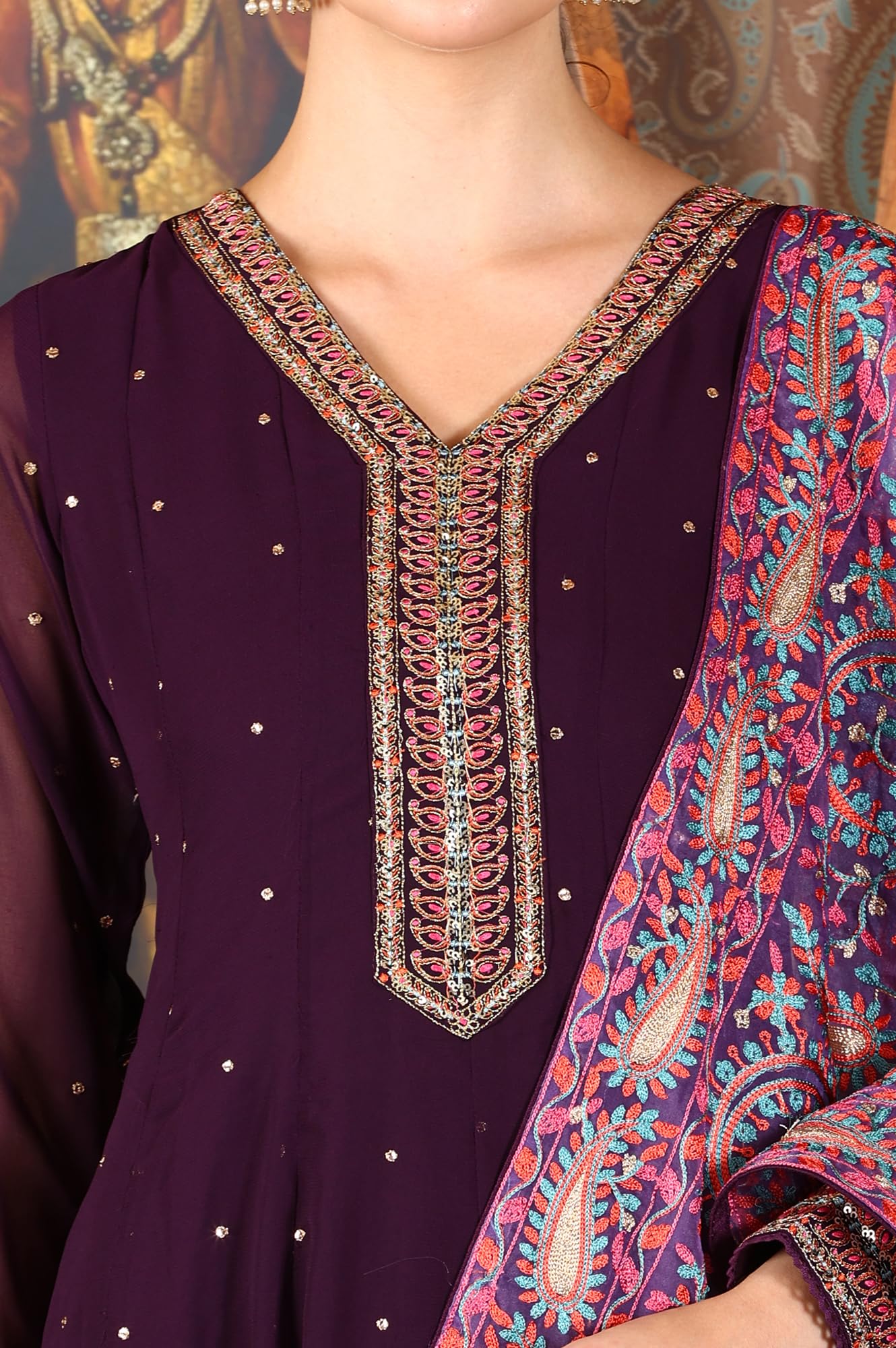 W for Woman Wishful Purple Thread Embroidered Georgette Anarkali Kurta, Churidar and Dupatta Set (Size: L)-24AUSP10922-400556