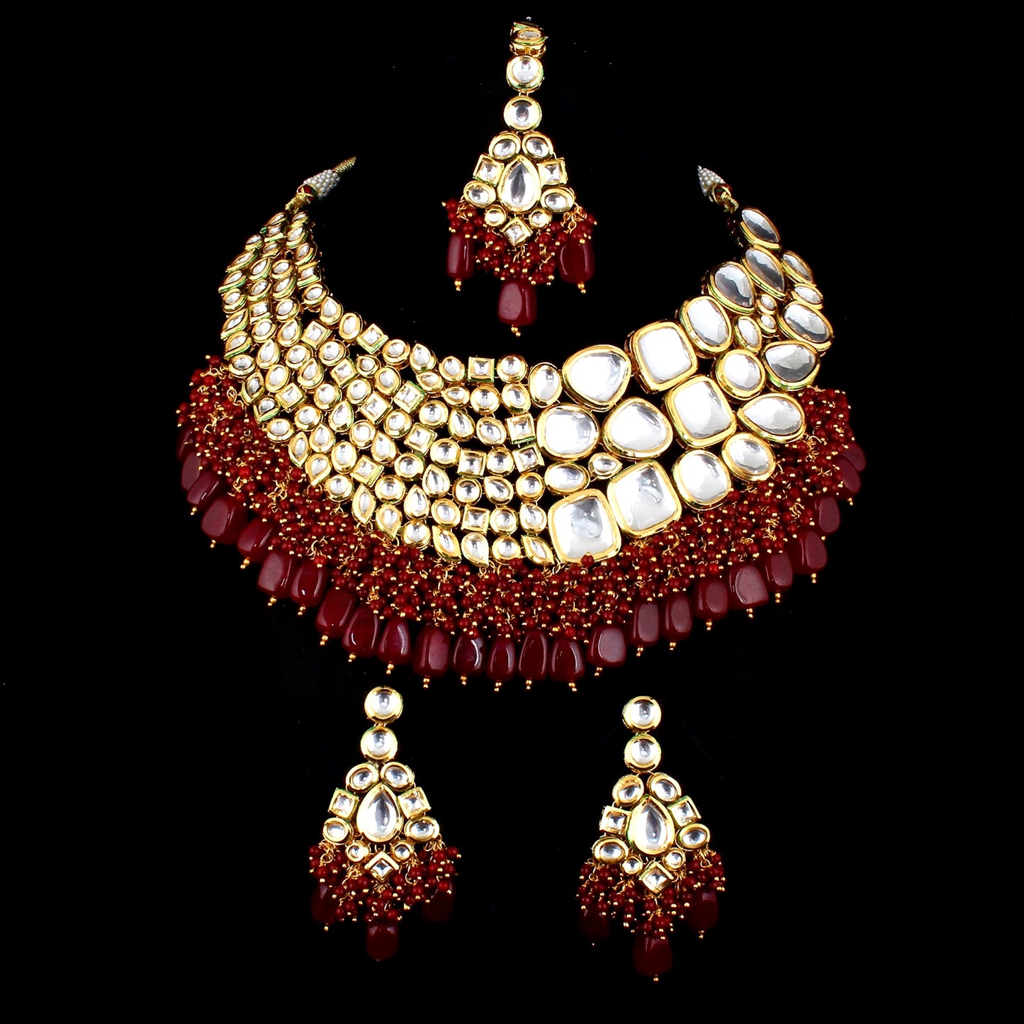 Lucky Jewellery Meenakari 18K Gold plated Maroon color Uncut dibbi Kundan Combo Necklace Set