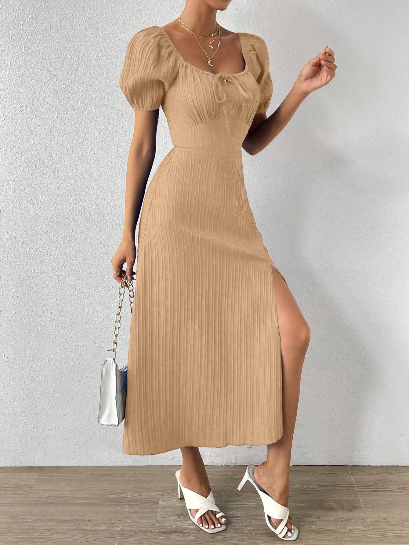 Shasmi Women's & Girl's Beige Tie Front Split Thigh Milkmaid Maxi Dress – Square Neck Puff Sleeve A-Line Long Dress, Elegant Casual & Parties Wear for Ledies (Dress 245 Beige-L)