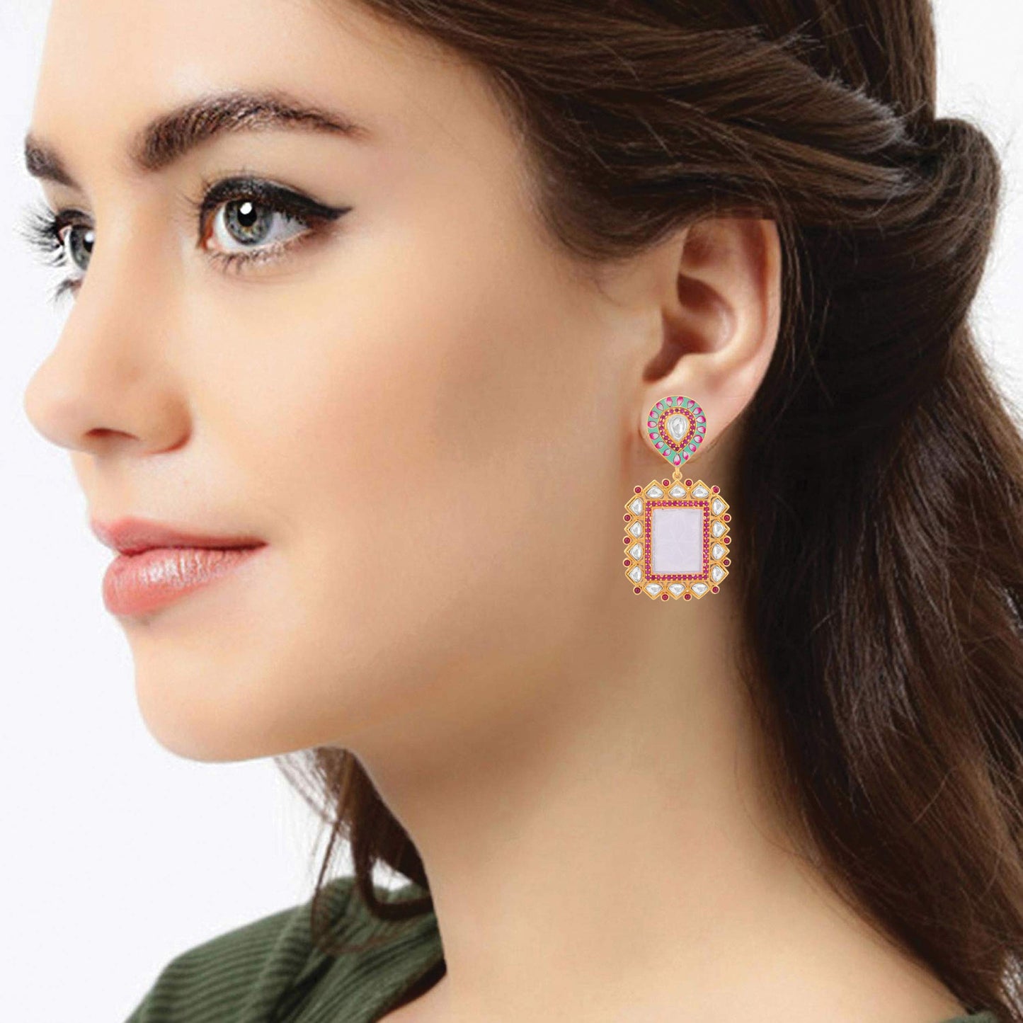 Peora Gold Plated Meenakari Crystal Kundan Dangle Earrings for Women