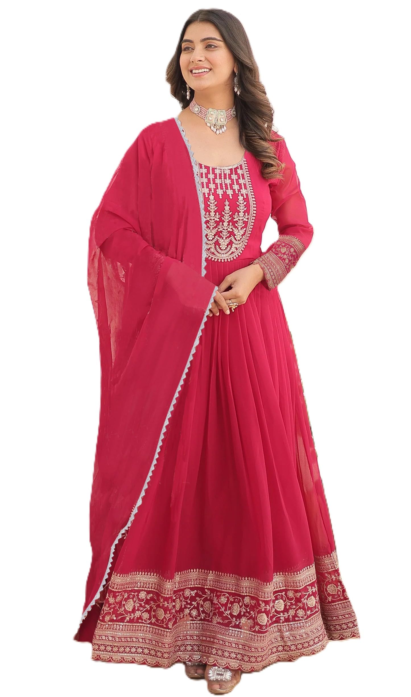 Leeli Peeri Designer Women's Georgette Embroidery Red Ready to Wear Gown with Dupatta