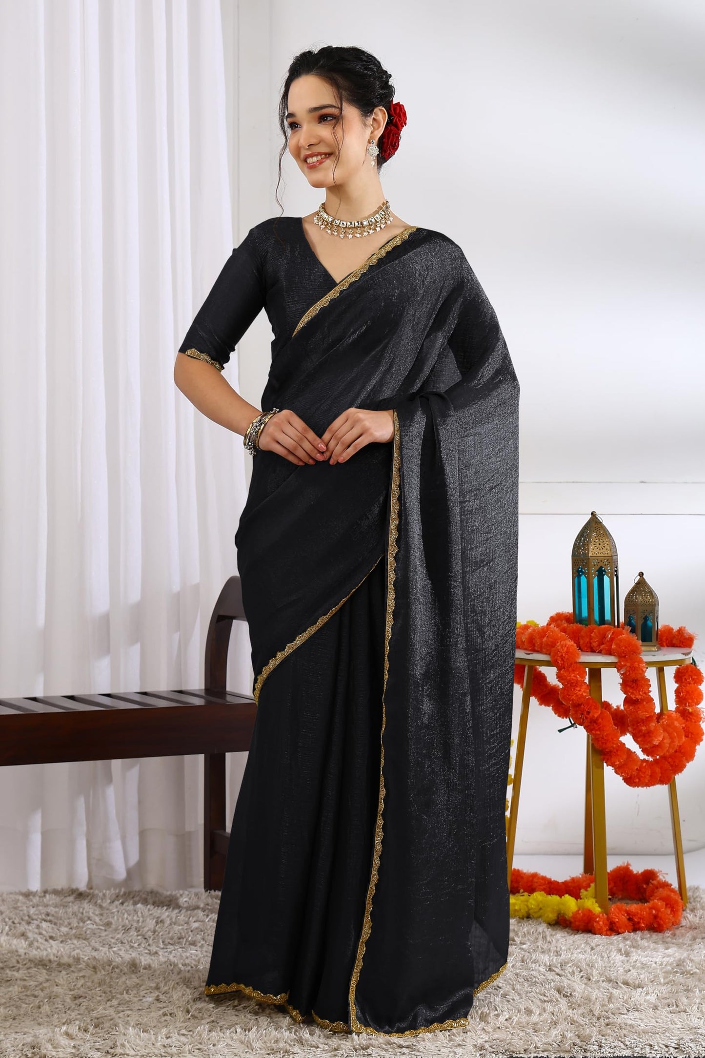 Subham Women's Silk Blend Hand Work Embellished Saree with Blouse Piece (60434 - Black)