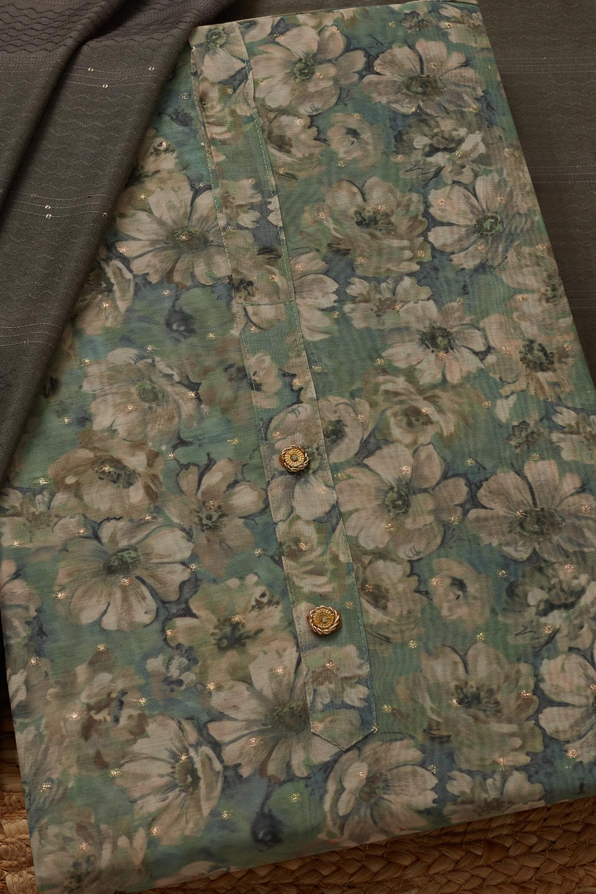 Soch Womens Olive Chanderi Floral Print Unstitch Dress Material