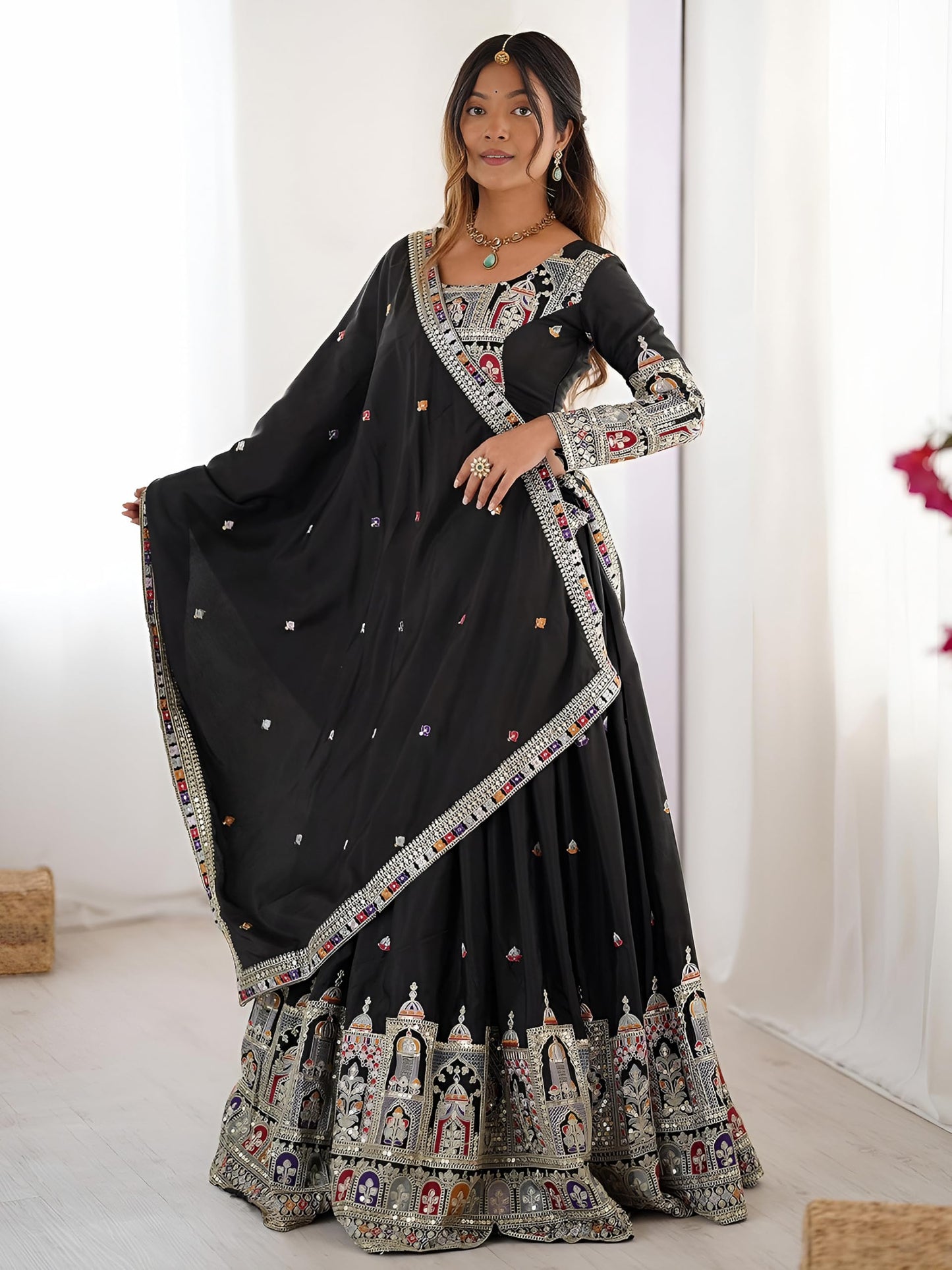 Zeel Clothing Women's Sequins Thread Embroidered French Crepe Lehenga Choli With Dupatta (5118-Black-Women-Lehenga-Choli-Latest; Free size) (Black)