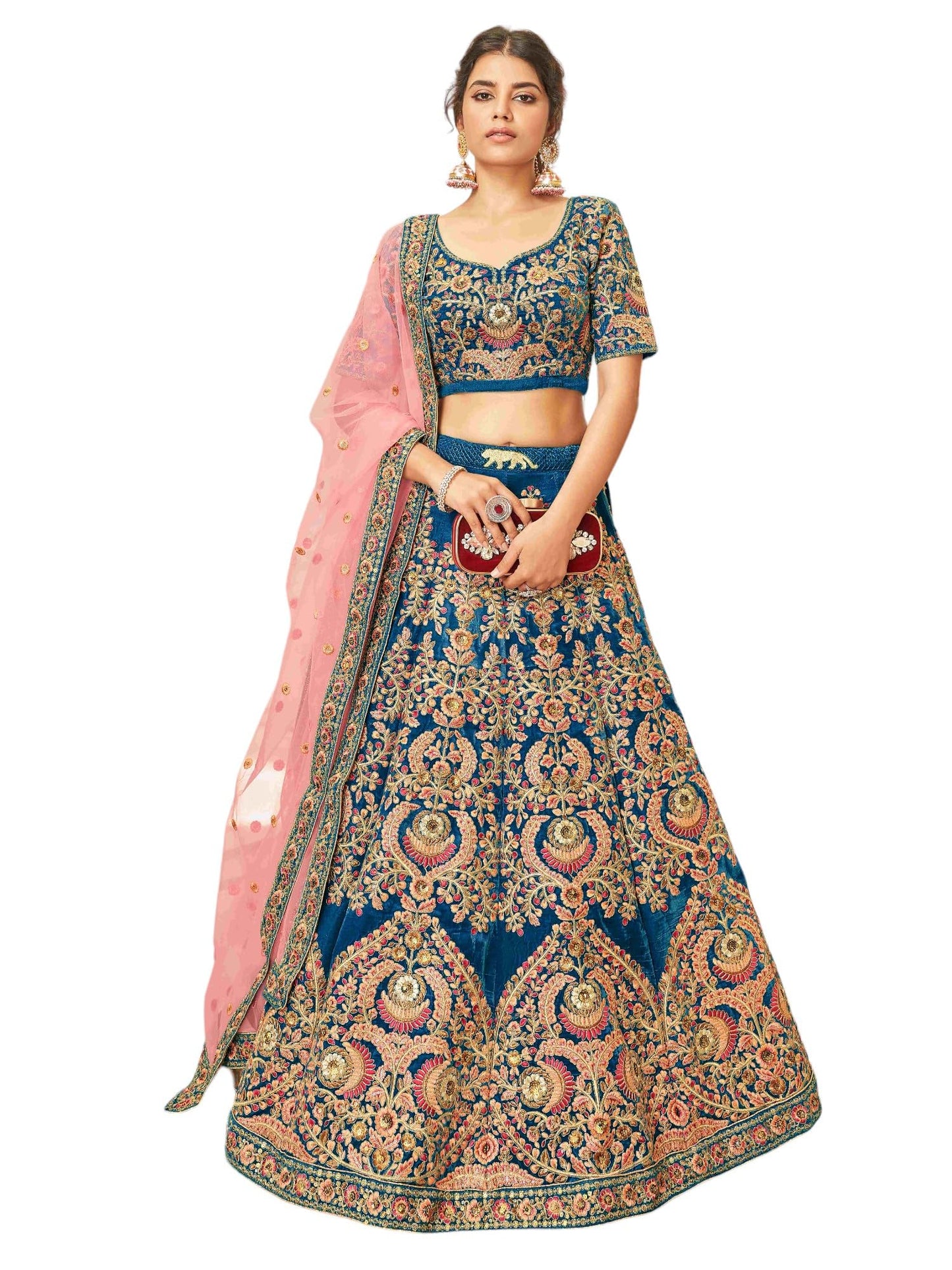 Zeel Clothing Blue Heavy Embroidered Velvet Semi-Stitched Lehenga Choli For Women (7071-Blue-Wedding-Bridal-Latest-New; Blue_Free Size)