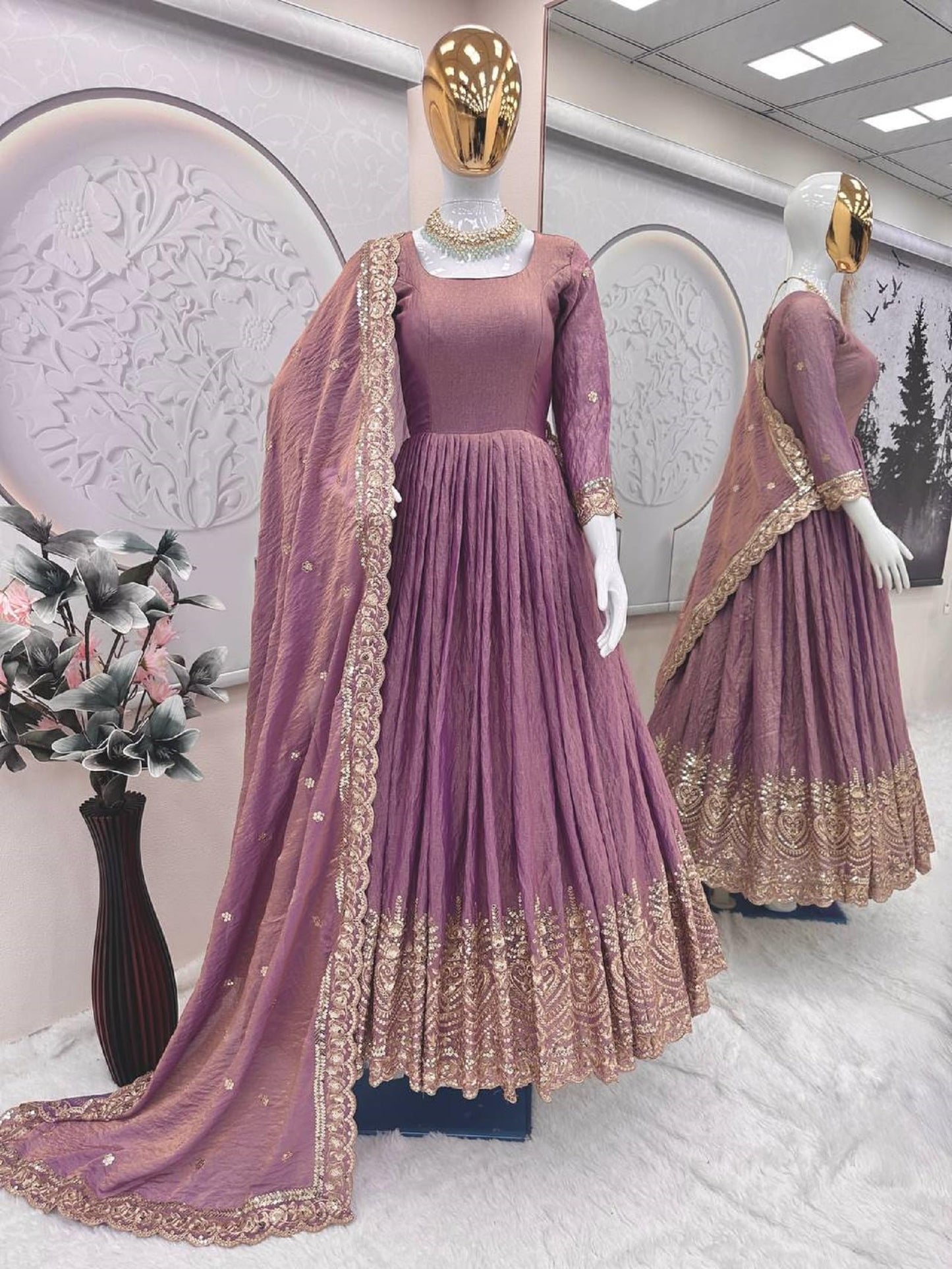 StyleSync Women Fandy Silk Anarkali kurta with Dupatta Embroidery Sequins Work Full Length Ethnic Wear for Festive Occasion (Mauve Purple, XXL)