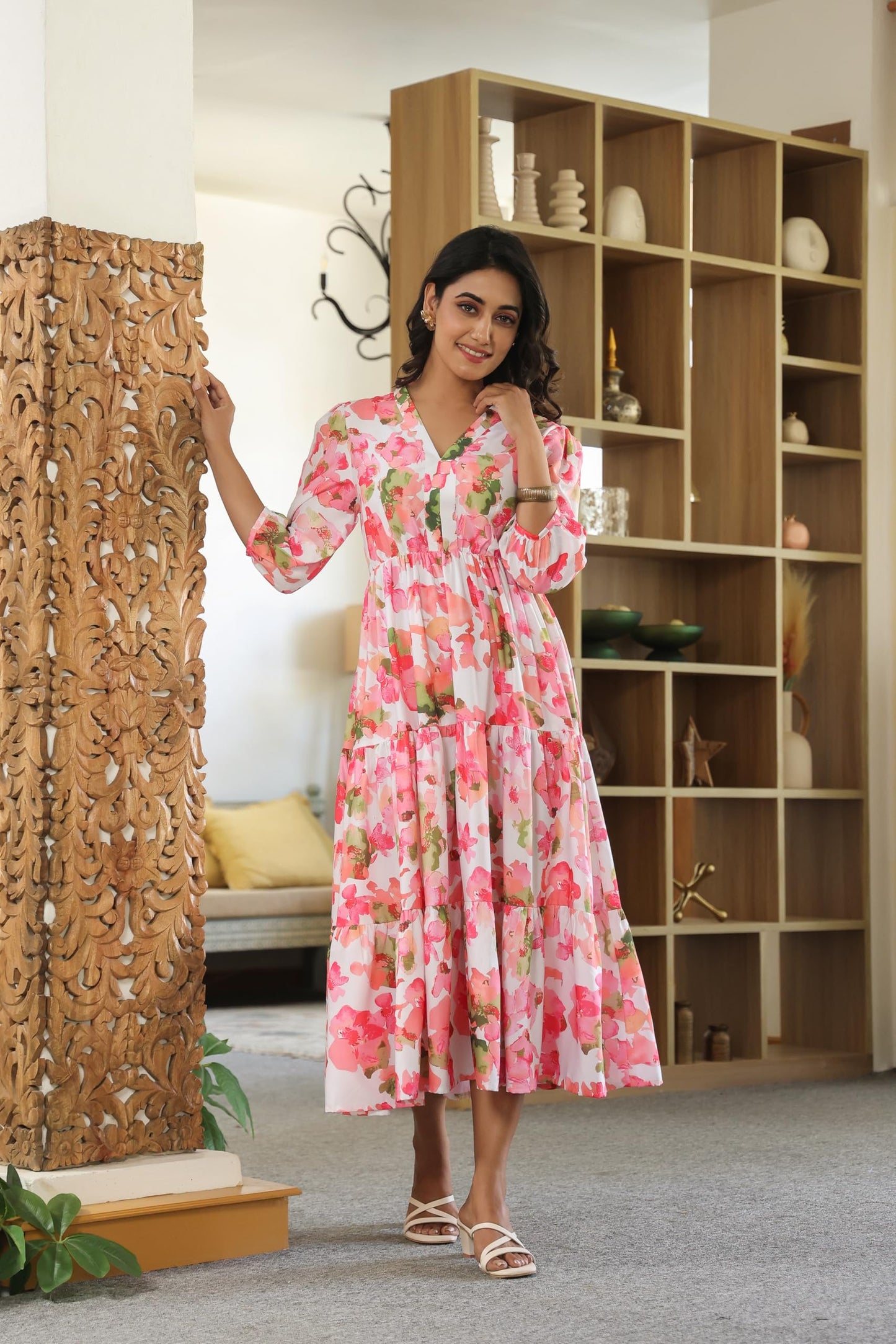 LERIYA FASHION Women's Floral Printed Western Midi Dress | Fit & Flare A-Line Casual Summer Dress with V-Neck & 3/4 Sleeves | Stylish Long Frock for Daily, Party & Office Look Light Pink