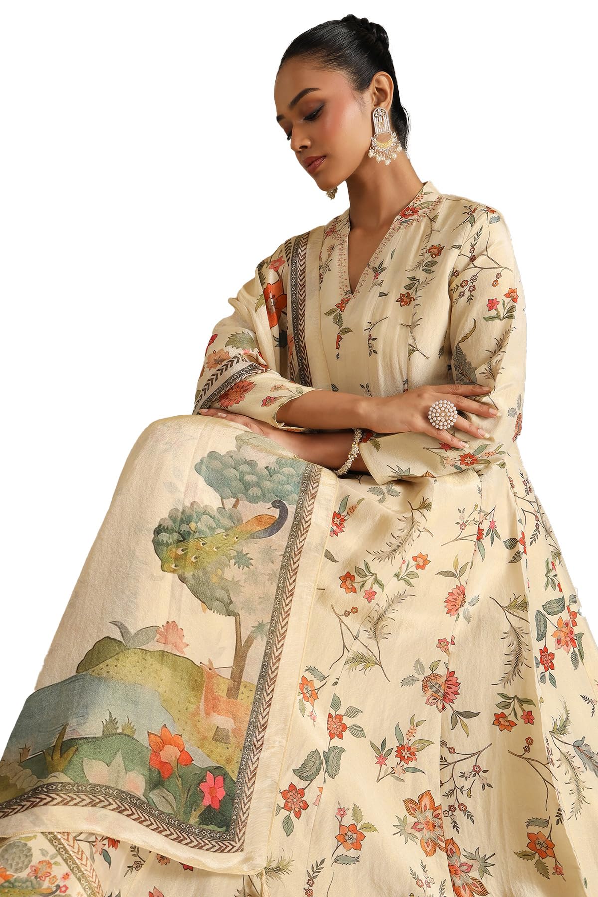 Soch Womens Beige Viscose Floral Print Gown with Cutdana