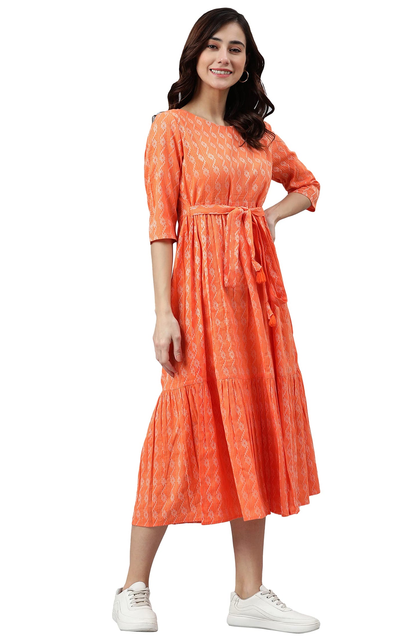 Janasya Women's Orange Cotton Woven Design Tiered Western Dress(JNE3870-DR-XXXL)