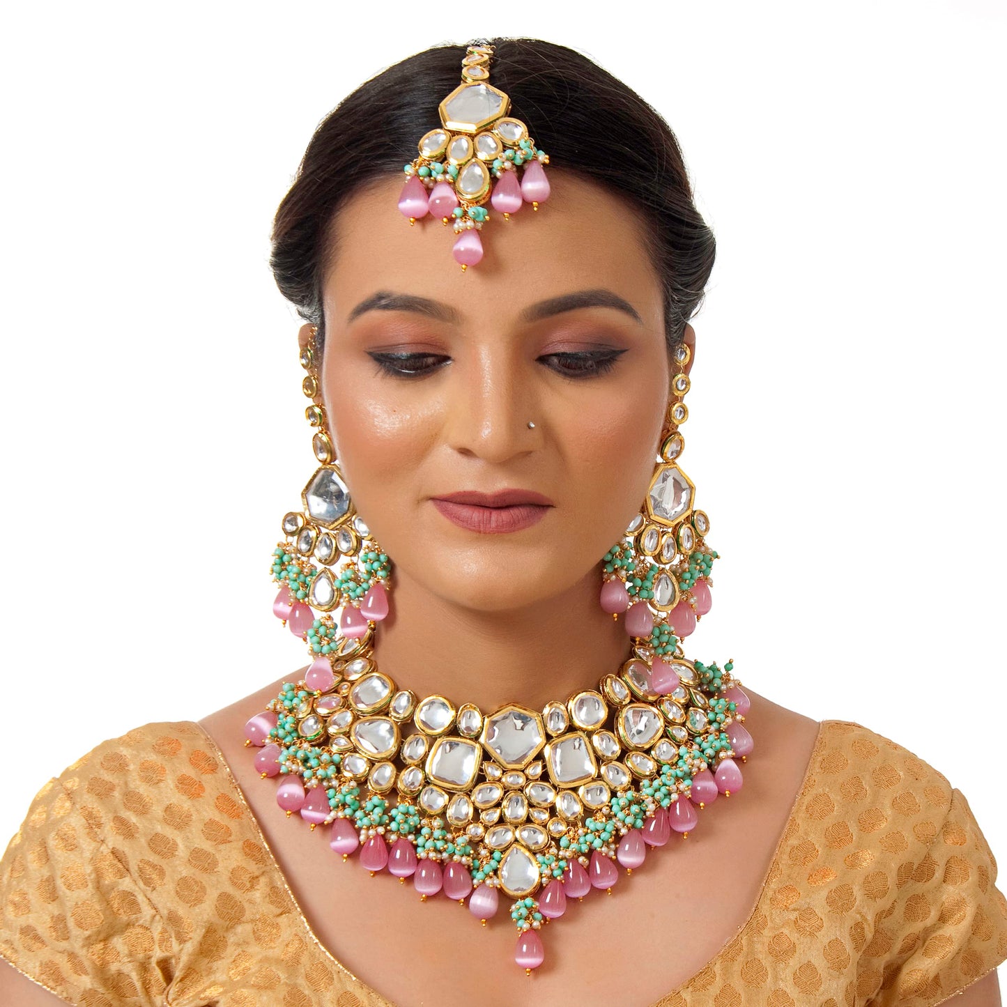 Lucky Jewellery Meenakari 18K Gold plated Multi color Uncut dibbi Kundan Combo Necklace Set
