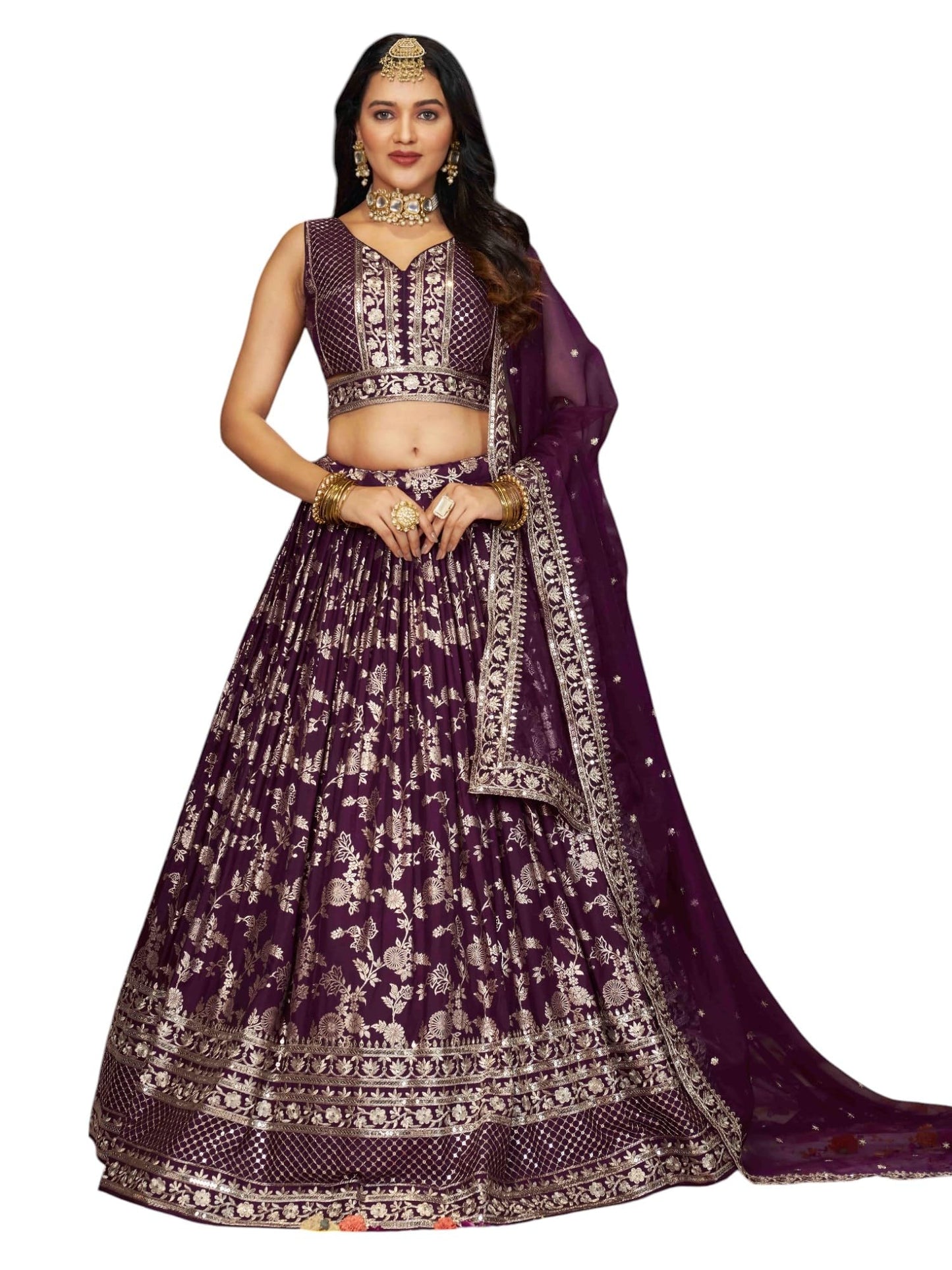 Zeel Clothing Women's Sequins Zari Embroidered Dola Silk Jacquard Lehenga Choli With Dupatta (7100-Women-Lehenga-Choli-Latest, Free size) (Wine)