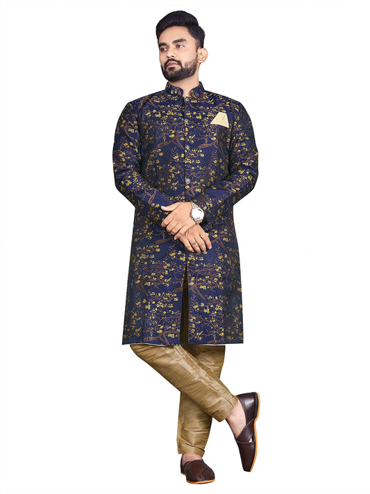 N.B.F Fashion Cotton Mens Casual Style Ethnic Wear Indo Western Set (Xx-Large, Royal Blue Yellow)