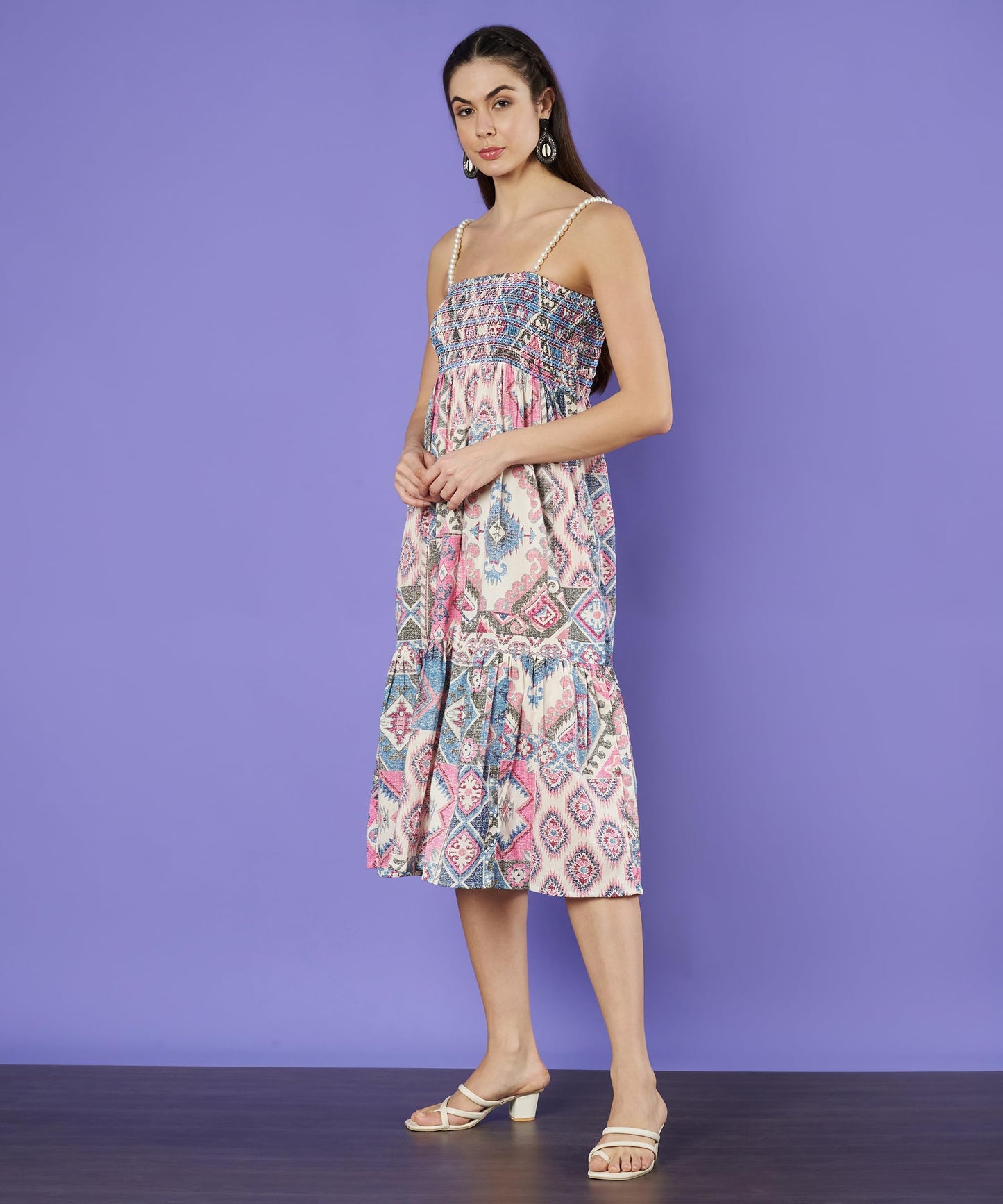 COTLAND Fashions Beaded Strap Smocked Sleeveless Cotton Dress for Women (Mystic Gleam)