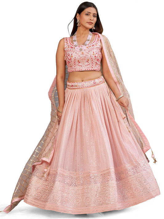 Zeel Clothing Women's Sequins Mirror Work Georgette Semi Stitched Lehenga Choli With Dupatta (5083-Peach-Wedding-Stylish-New; Free Size)