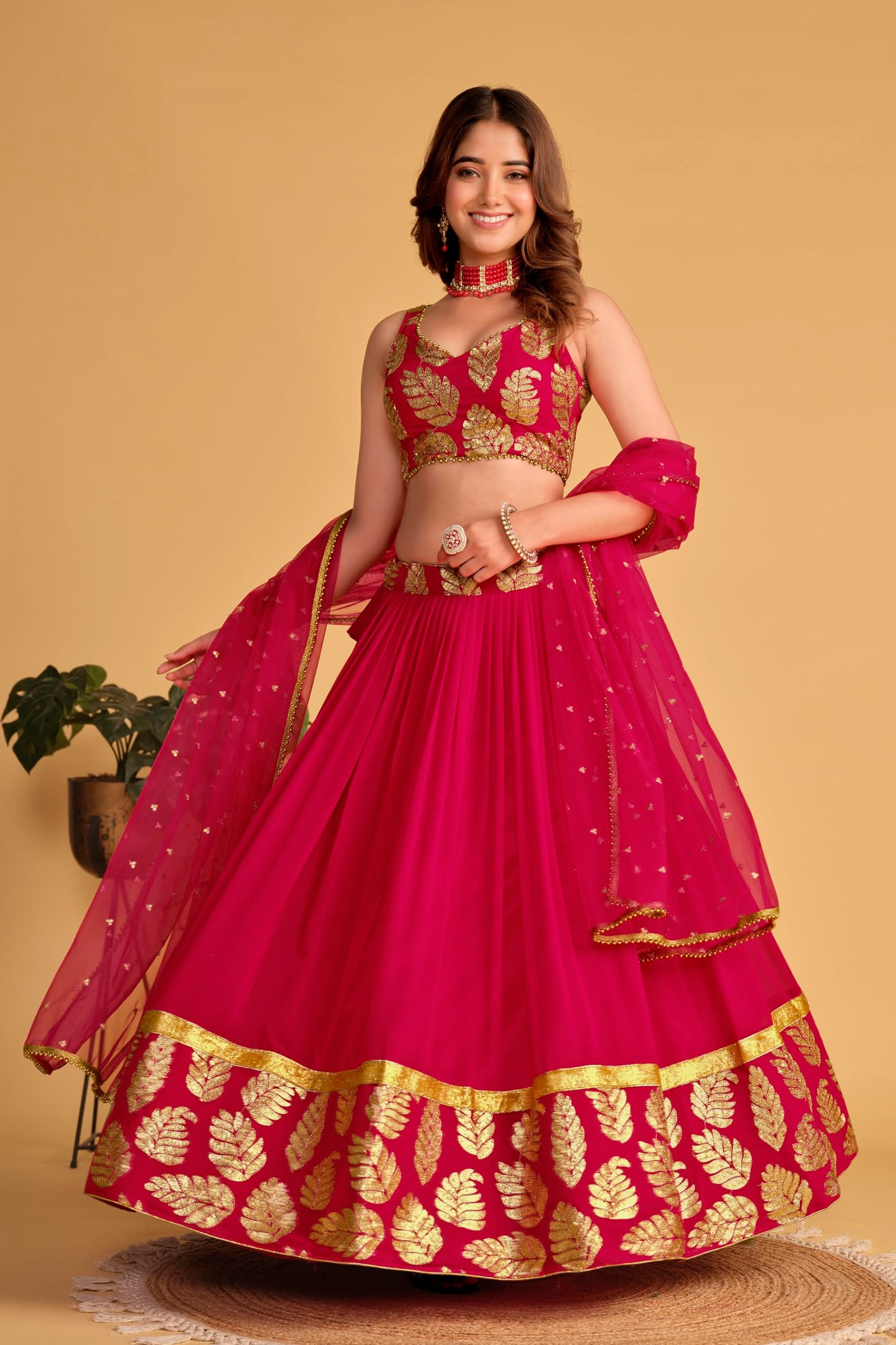 Fashion Basket Pink Georgette Jacquard Lehenga Choli for Women