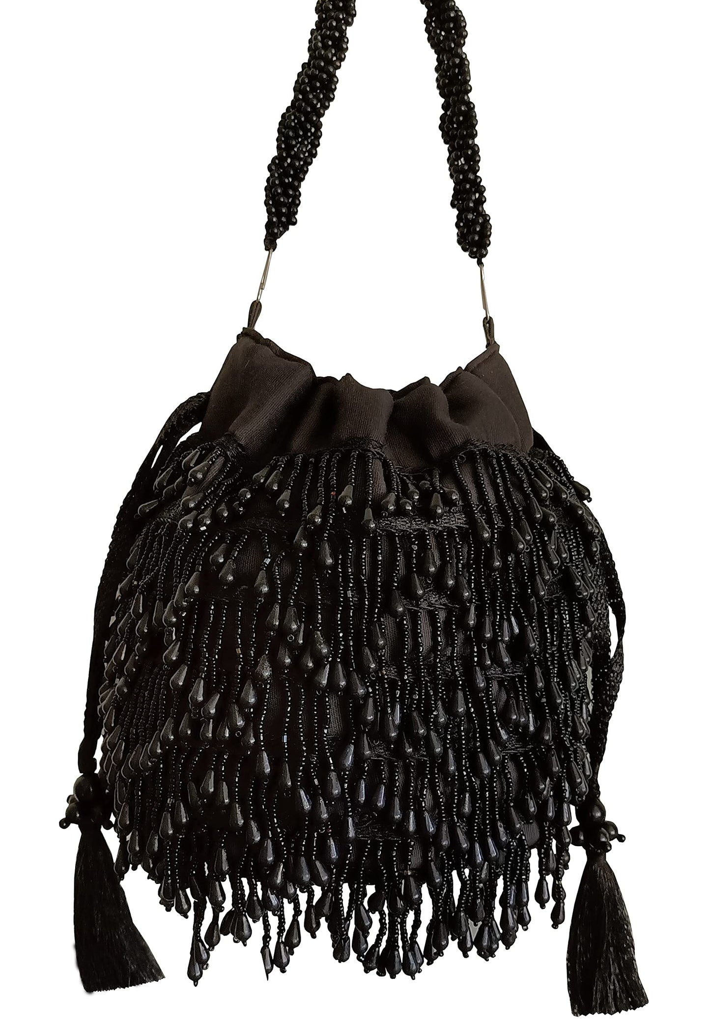 DUCHESS Women Black Beaded Tassel Fringes Potli Western Bag For Wedding (Black)