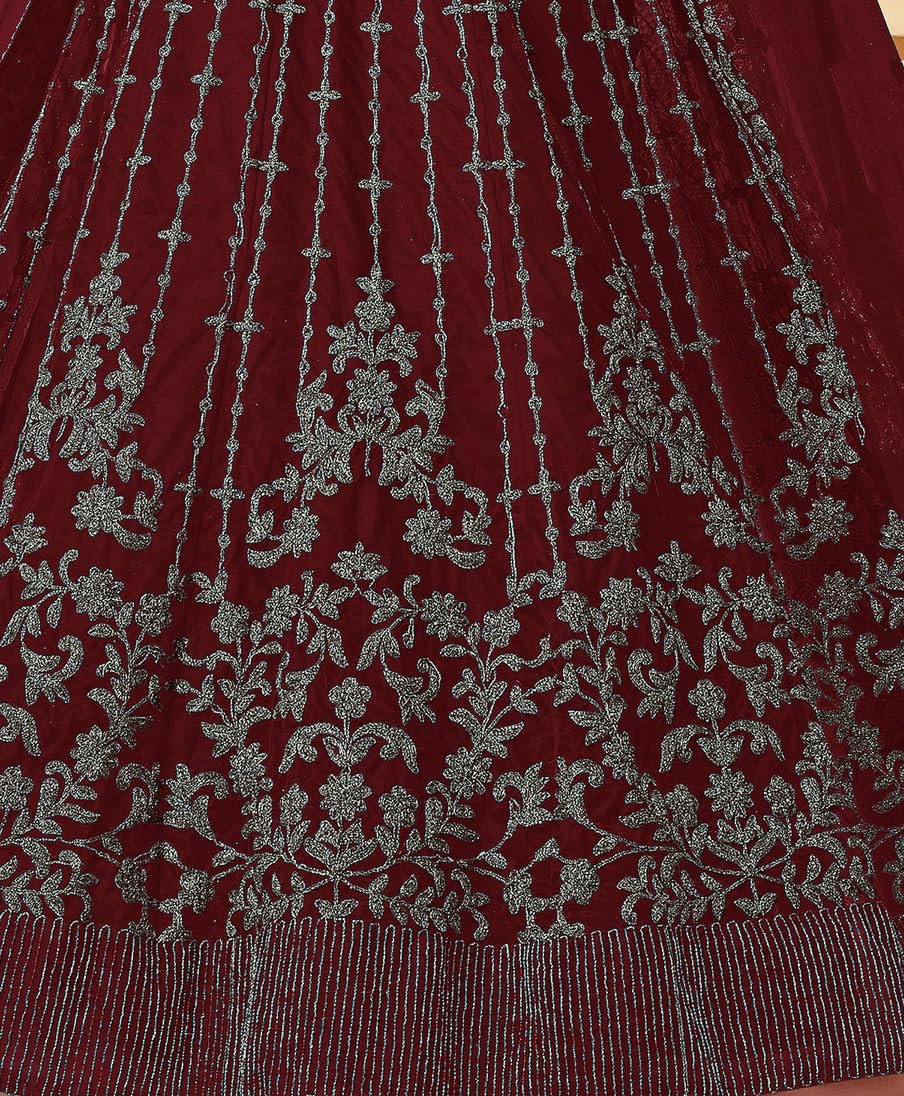 RUDRAPRAYAG Net and Santoon Long Anarkali Gown for Women | Semi Stitched Anarkali Gown for Women | Gown in Clothing & Accessories Maroon