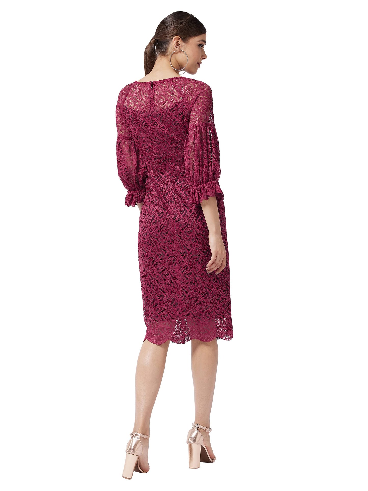 Miss Chase Women's Maroon Round Neck Puff Sleeve Floral Lace Overlaid Midi Dress(MCAW21D13-47-143-05,Maroon,L)