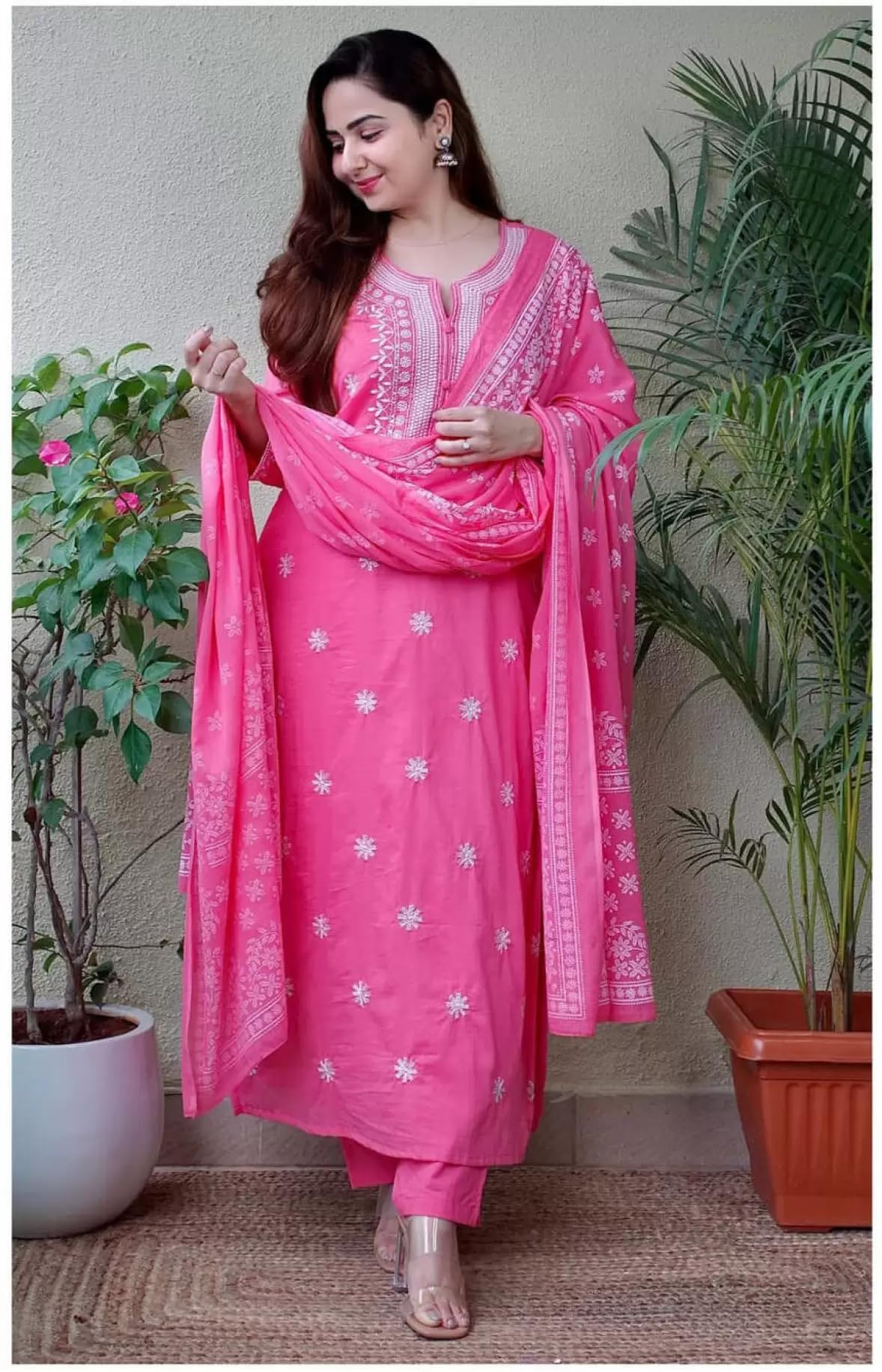 Royal Export Women's Viscose Floral Embroidered Straight Kurta Pant with Dupatta Set | Kurta Sets for Women Pink