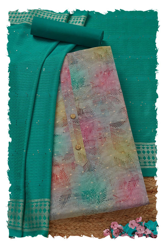 Soch Womens Teal Green Chanderi Botanical Print Unstitch Dress Material With Sequins