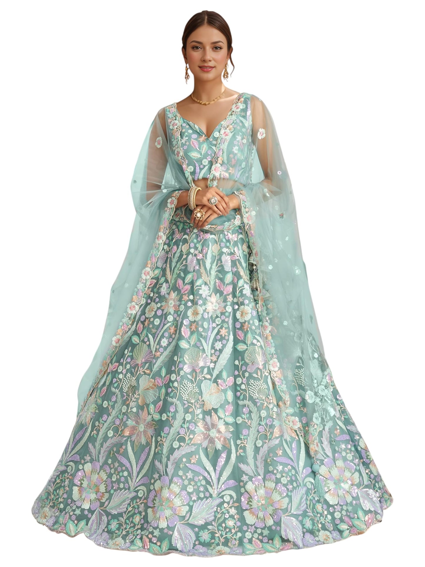 Zeel Clothing Women's Sequins Embroidered Work Soft Net Lehenga Choli With Dupatta (6020-Women-Lehenga-Choli-Latest; Free size) (White) (SkyBlue)