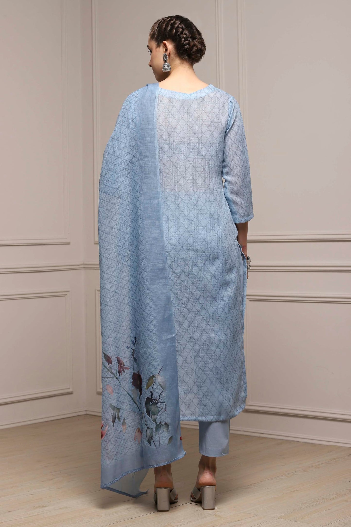 Biba Women Blue Cotton Blend Hand Embroidered Unstitched Suit Set_FREE SIZE